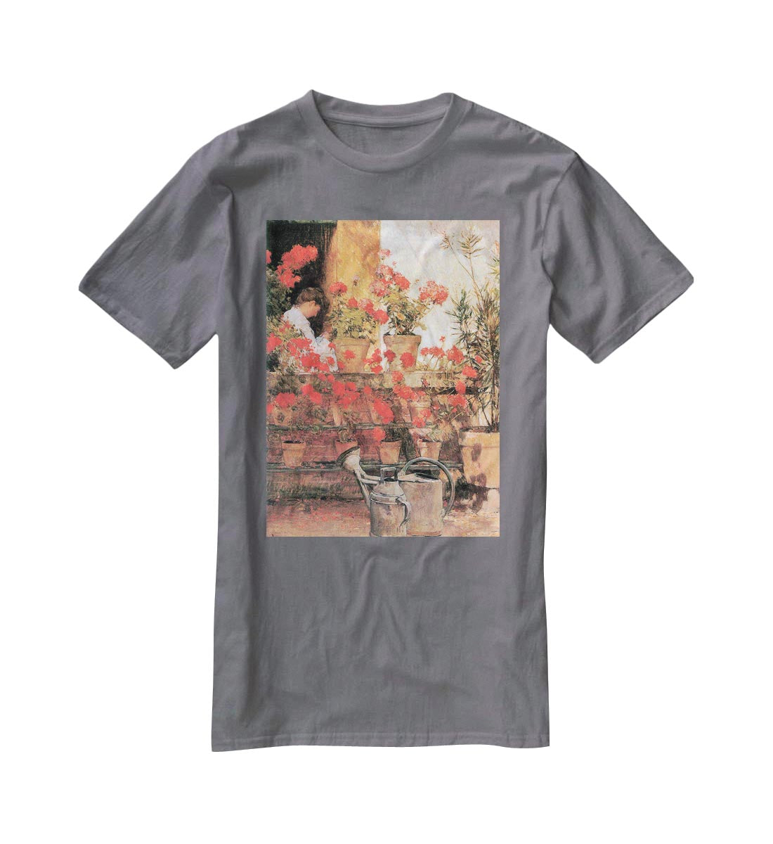 Red Geraniums by Hassam T-Shirt - Canvas Art Rocks - 3
