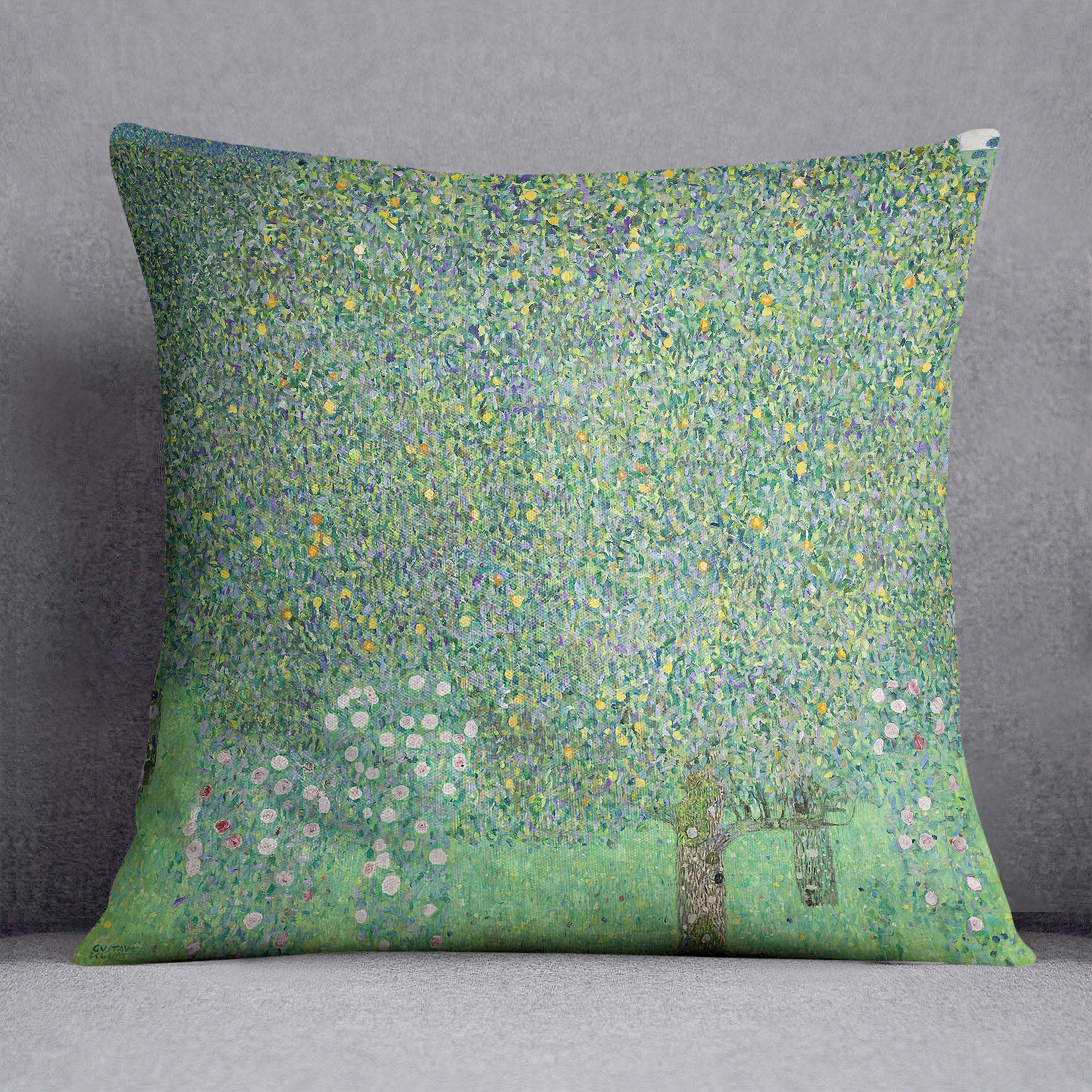 Rose bushes under the Trees by Klimt Cushion