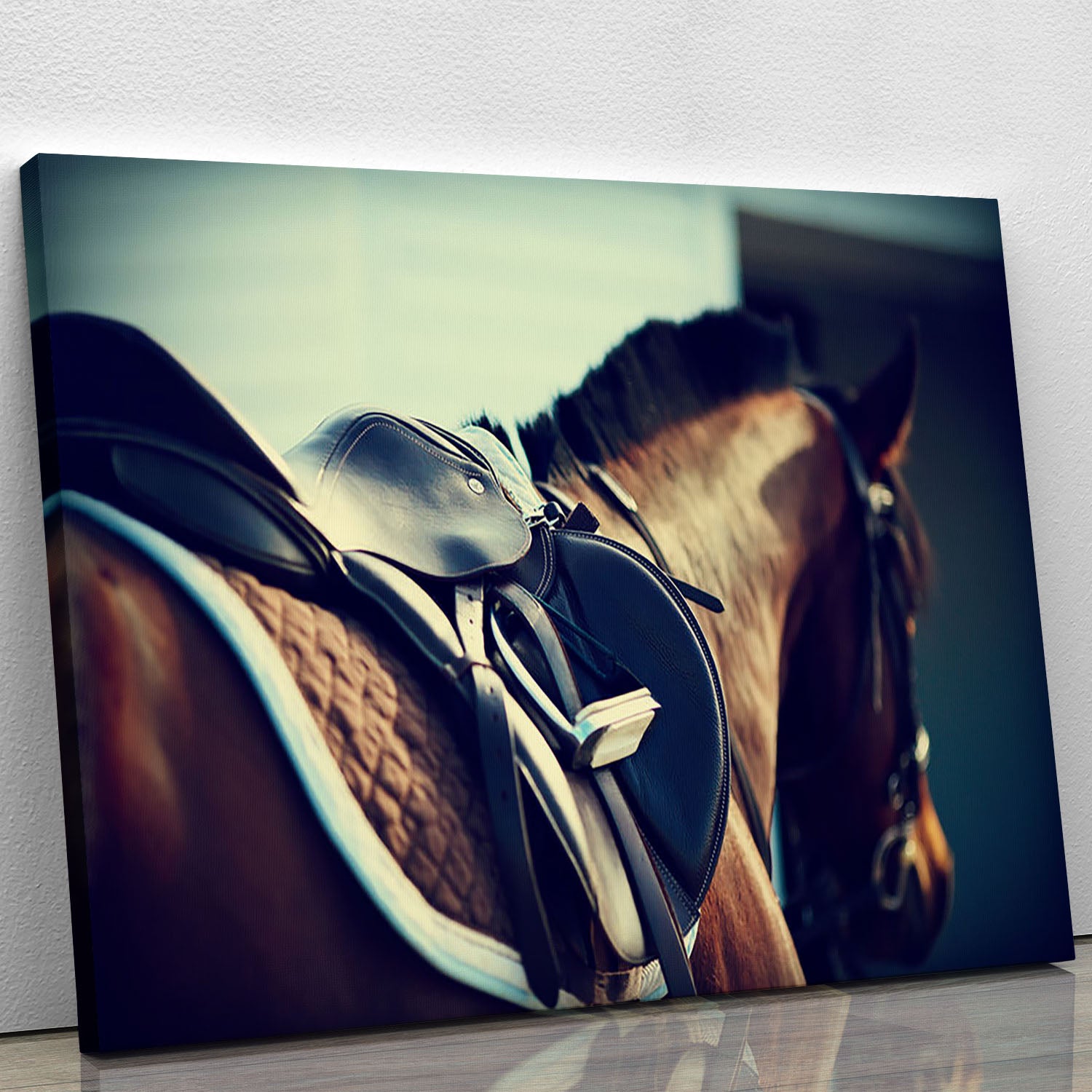 Saddle with stirrups on a back of a brown horse Canvas Print or Poster - Canvas Art Rocks - 1