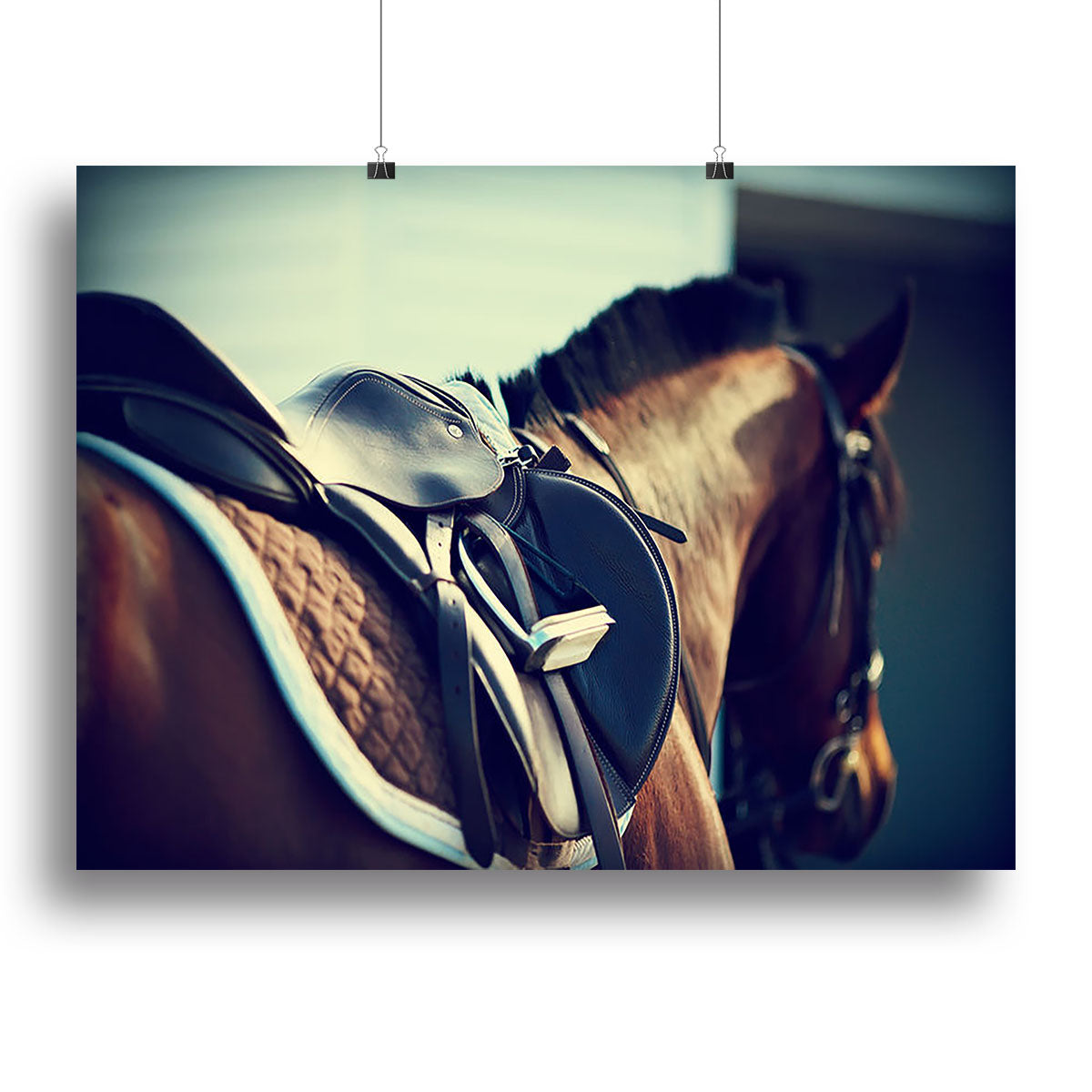 Saddle with stirrups on a back of a brown horse Canvas Print or Poster - Canvas Art Rocks - 2