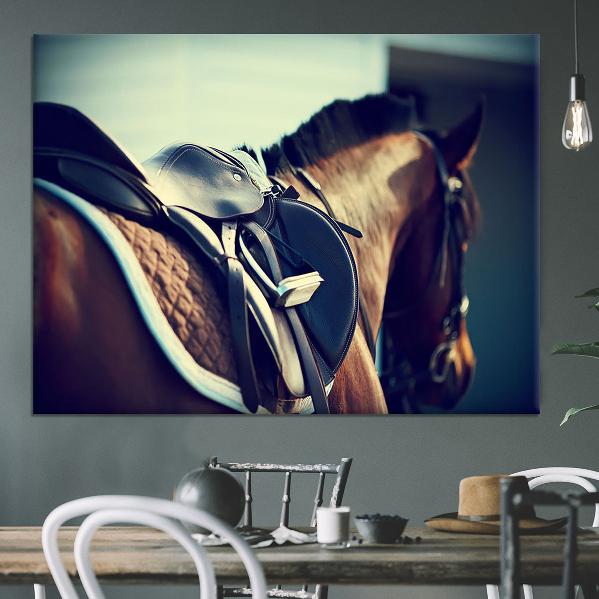 Saddle with stirrups on a back of a brown horse Canvas Print or Poster - Canvas Art Rocks - 3