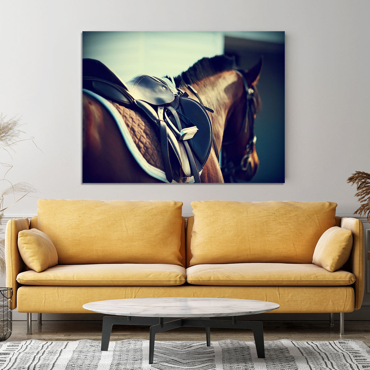 Saddle with stirrups on a back of a brown horse Canvas Print or Poster - Canvas Art Rocks - 4