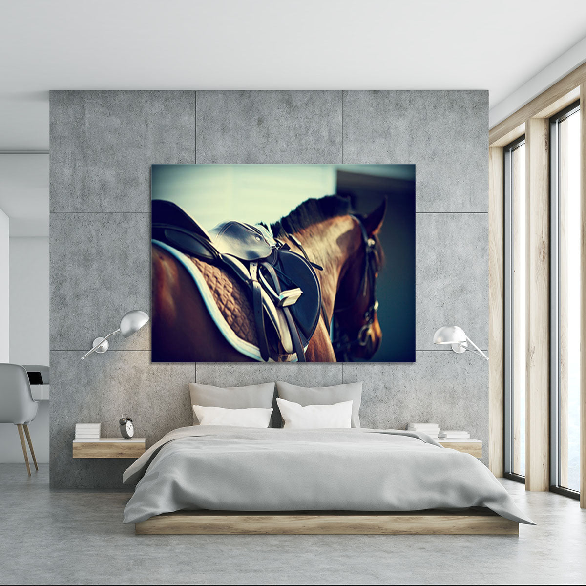 Saddle with stirrups on a back of a brown horse Canvas Print or Poster - Canvas Art Rocks - 5