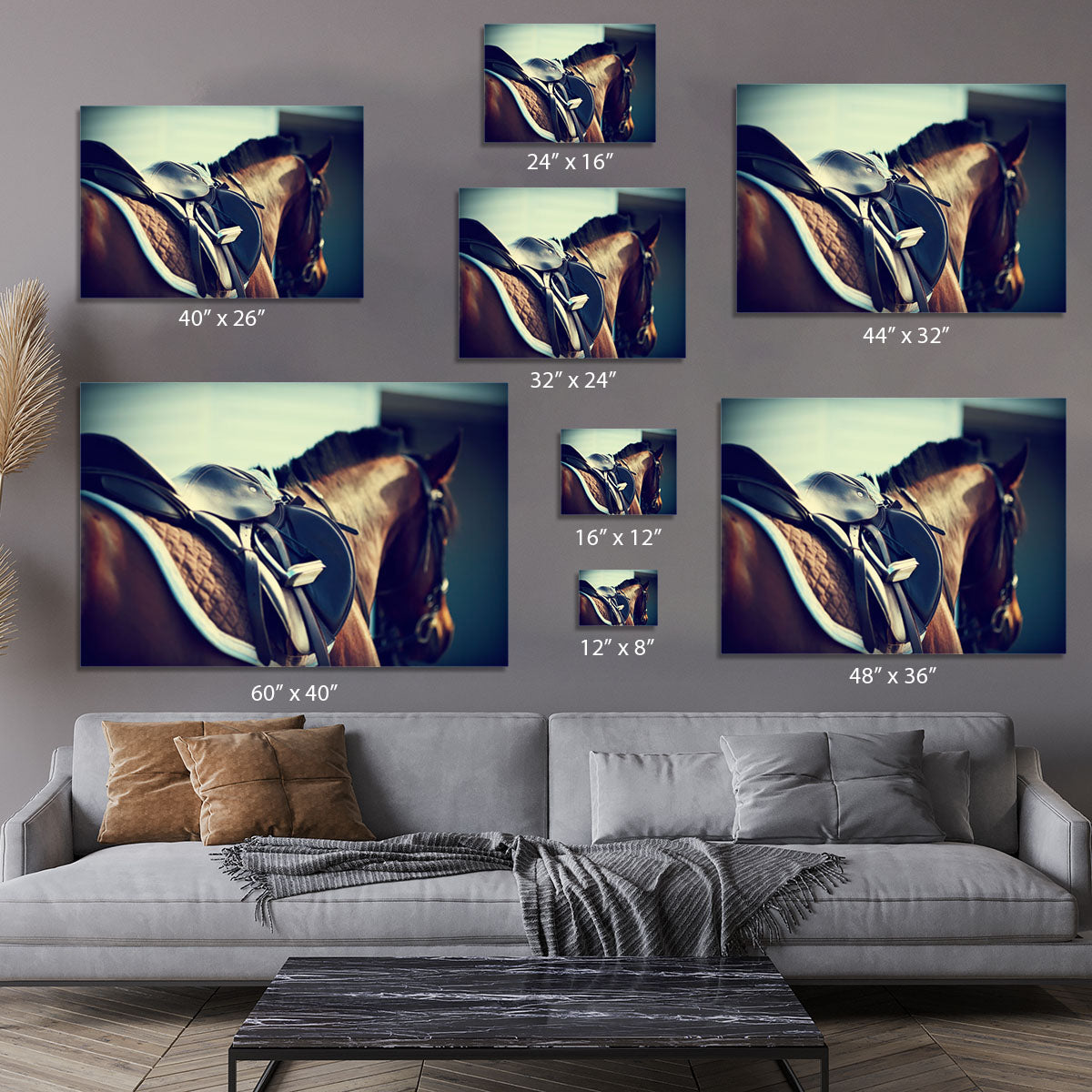 Saddle with stirrups on a back of a brown horse Canvas Print or Poster - Canvas Art Rocks - 7