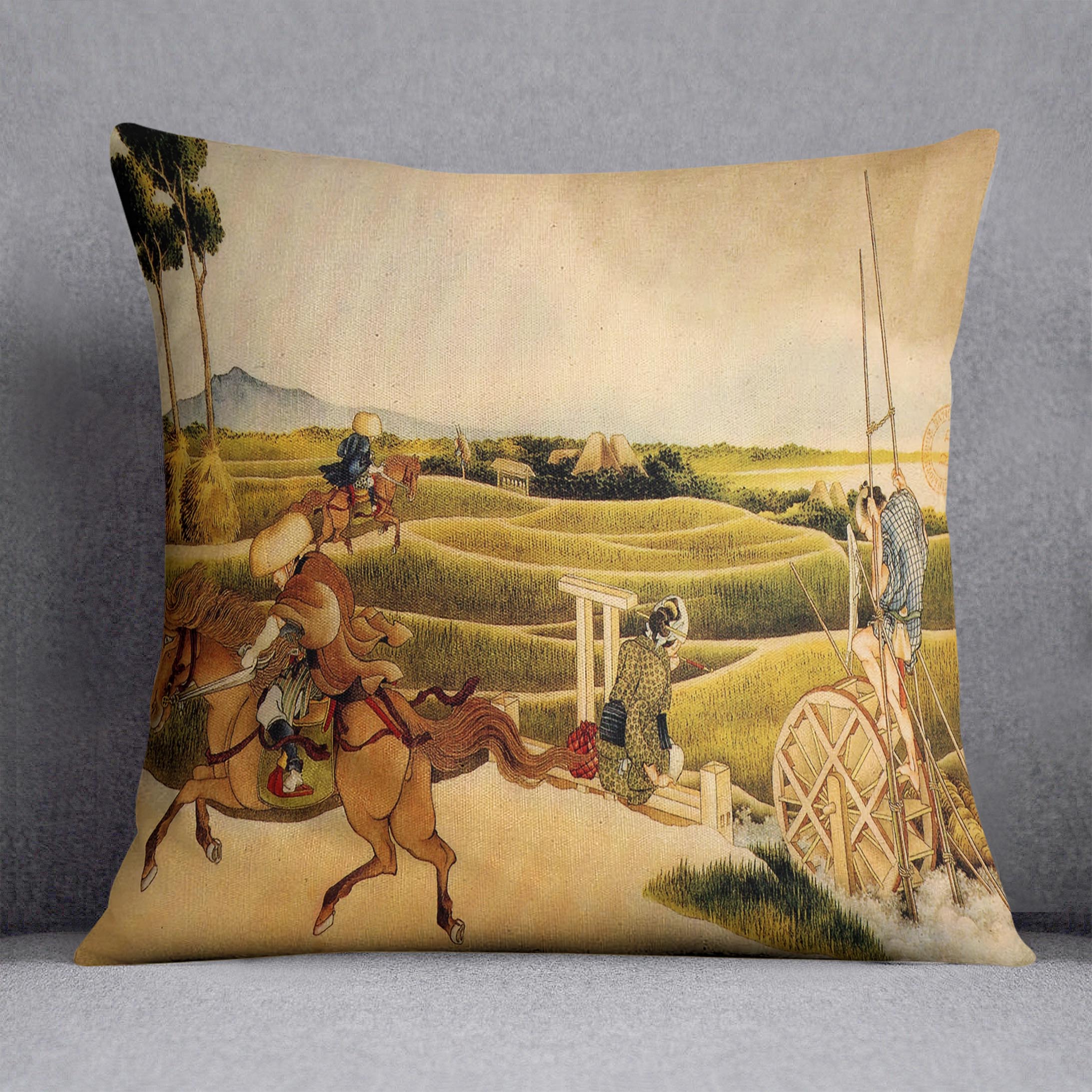 Samurai riding on horses by Hokusai Cushion