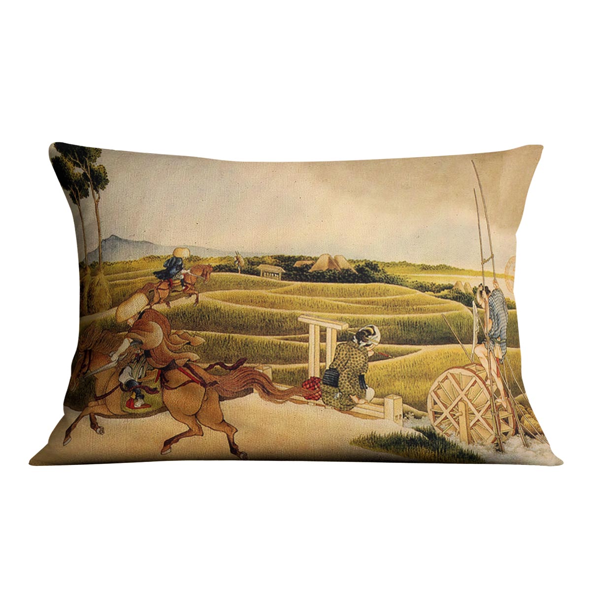 Samurai riding on horses by Hokusai Cushion