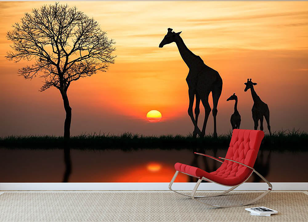 Silhouette of giraffe with reflection in water Wall Mural Wallpaper - Canvas Art Rocks - 2