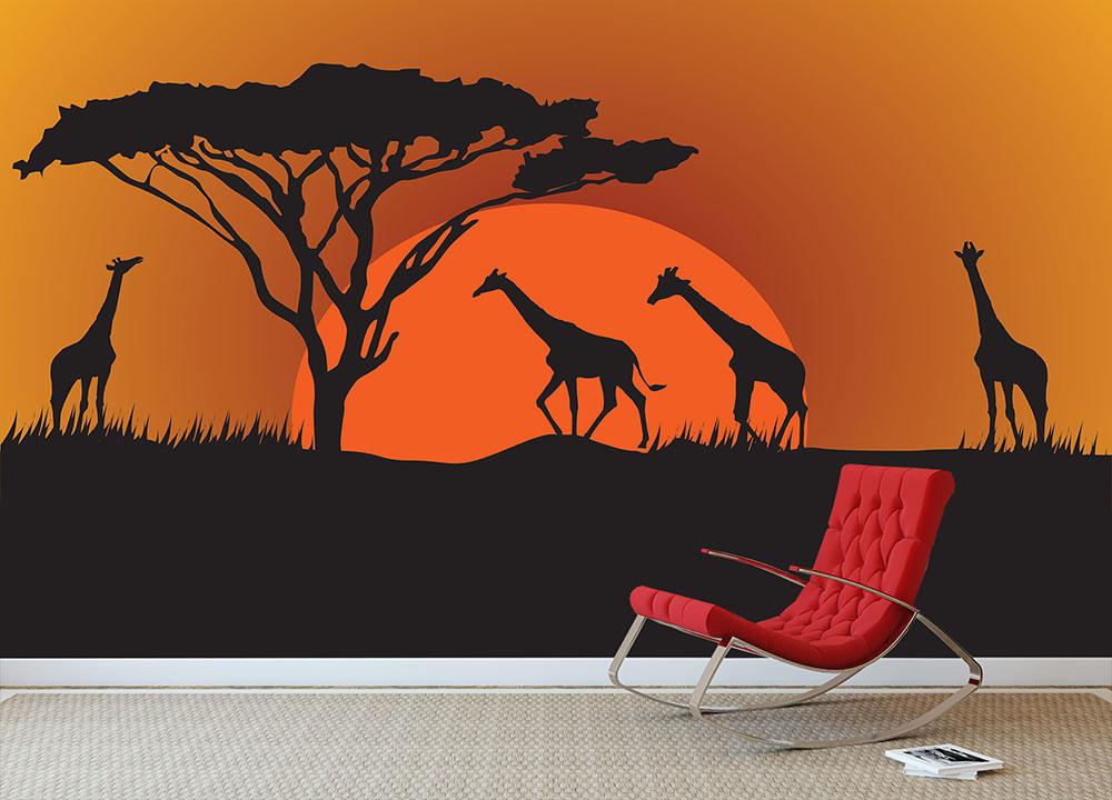 Silhouettes of giraffes in safari sunset Wall Mural Wallpaper - Canvas Art Rocks - 3