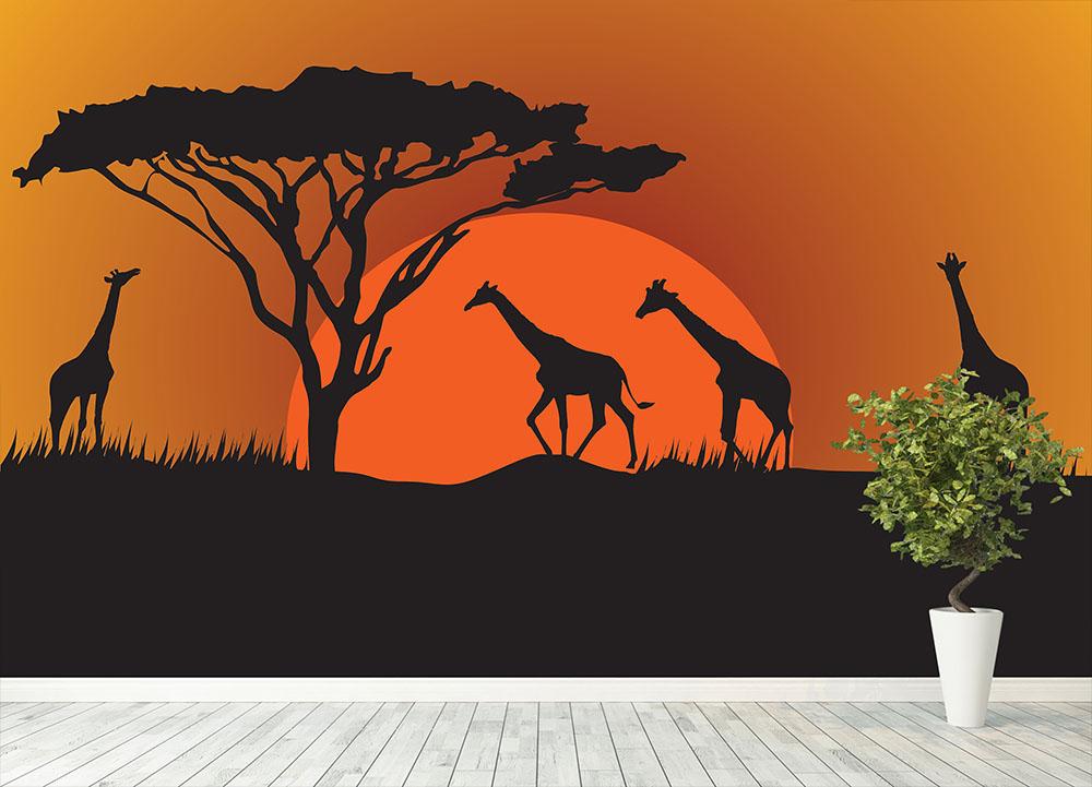 Silhouettes of giraffes in safari sunset Wall Mural Wallpaper - Canvas Art Rocks - 4
