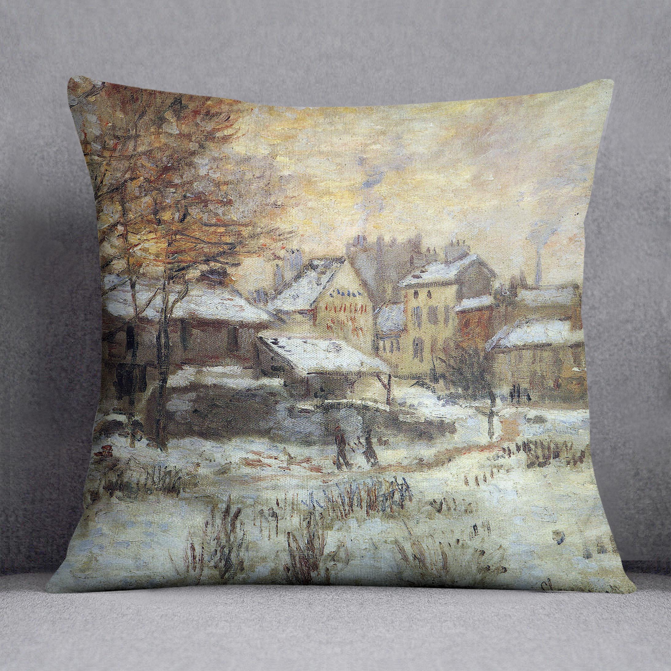 Snow at sunset Argenteuil in the snow by Monet Cushion