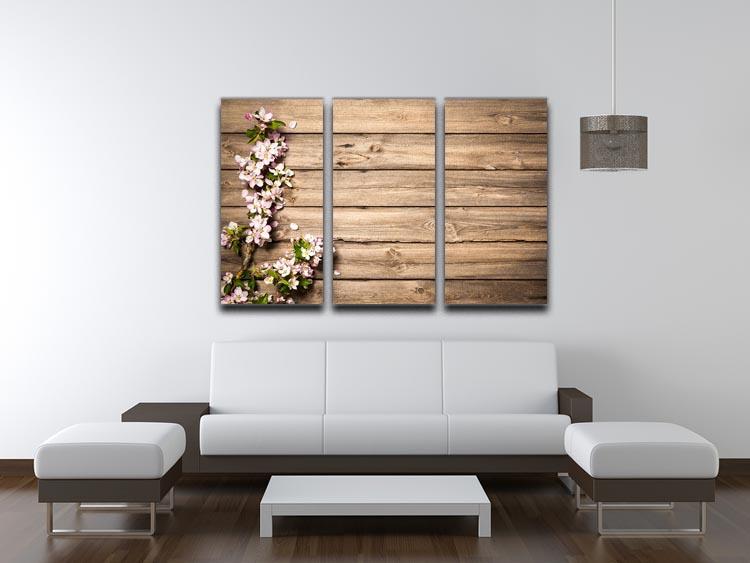 Spring flowering branch on wooden background 3 Split Panel Canvas Print - Canvas Art Rocks - 3