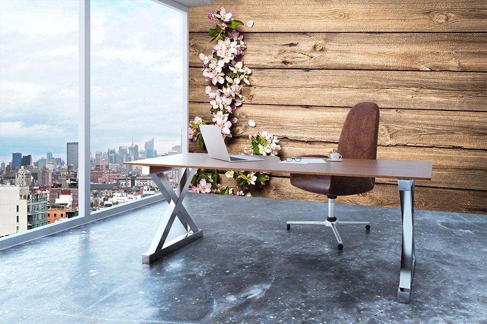 Spring flowering branch on wooden background Wall Mural Wallpaper - Canvas Art Rocks - 3