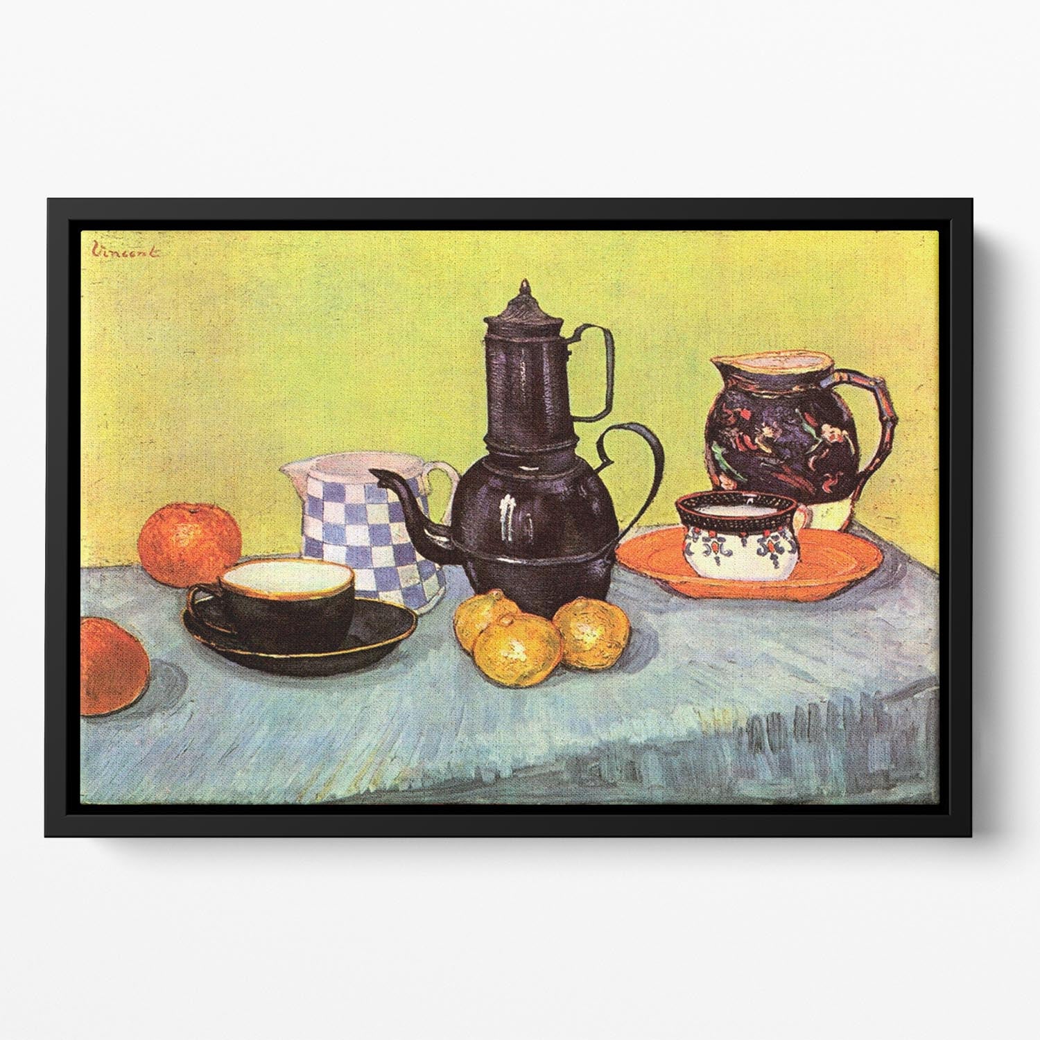 Still Life Blue Enamel Coffeepot Earthenware and Fruit by Van Gogh Floating Framed Canvas