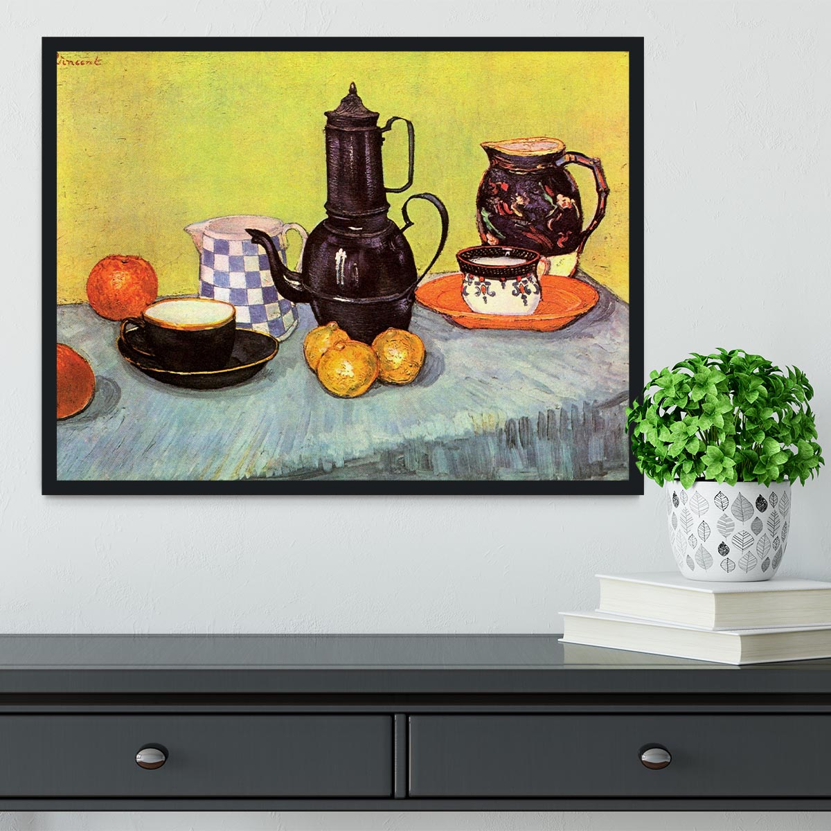 Still Life Blue Enamel Coffeepot Earthenware and Fruit by Van Gogh Framed Print - Canvas Art Rocks - 2