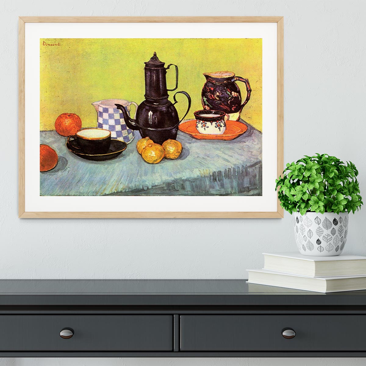 Still Life Blue Enamel Coffeepot Earthenware and Fruit by Van Gogh Framed Print - Canvas Art Rocks - 3