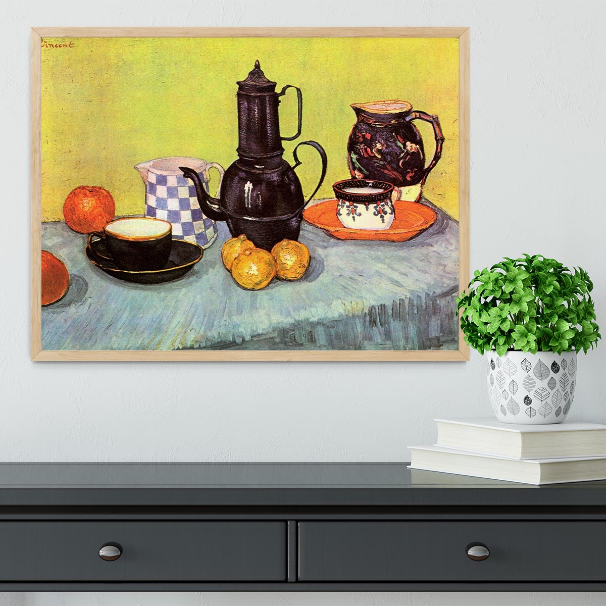 Still Life Blue Enamel Coffeepot Earthenware and Fruit by Van Gogh Framed Print - Canvas Art Rocks - 4