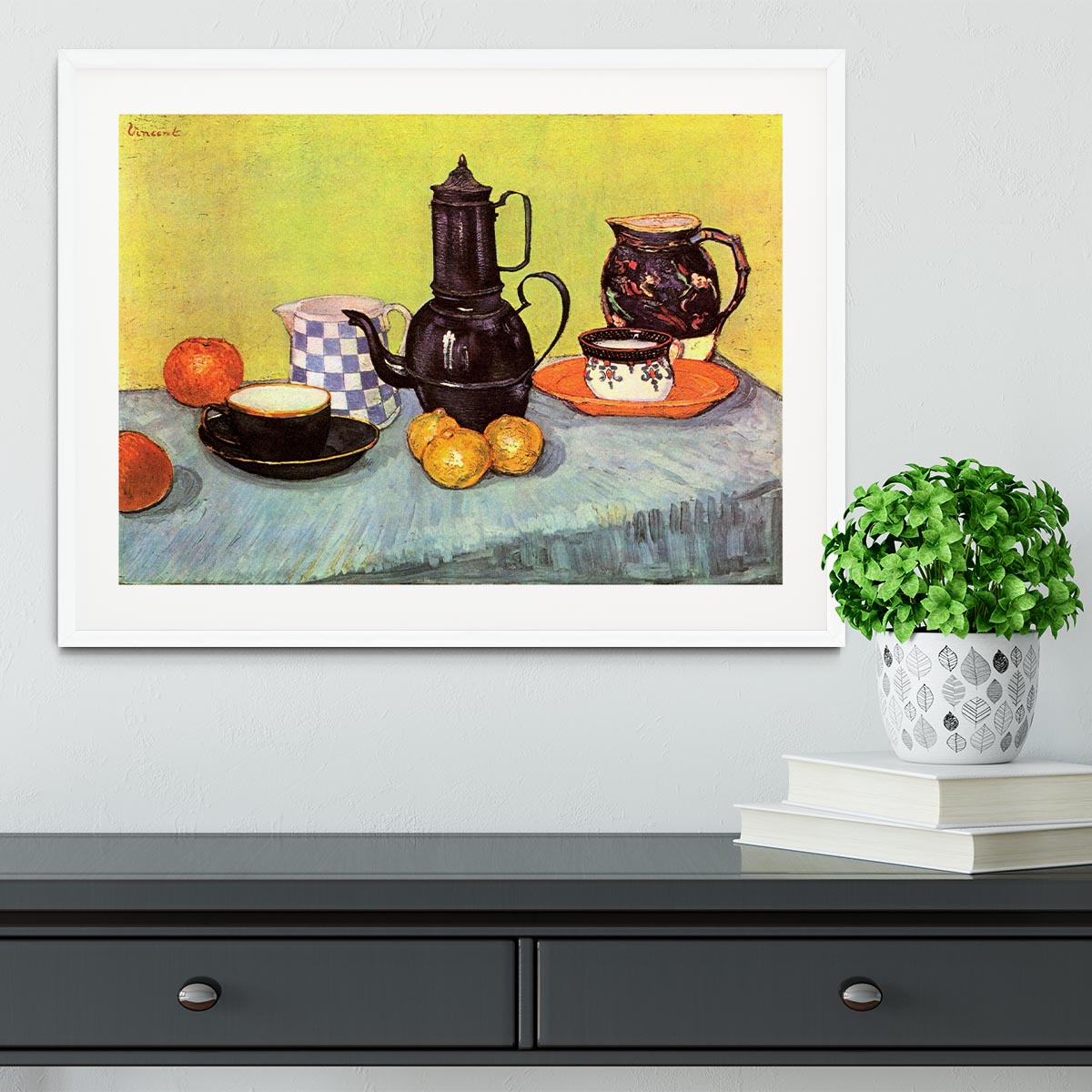 Still Life Blue Enamel Coffeepot Earthenware and Fruit by Van Gogh Framed Print - Canvas Art Rocks - 5