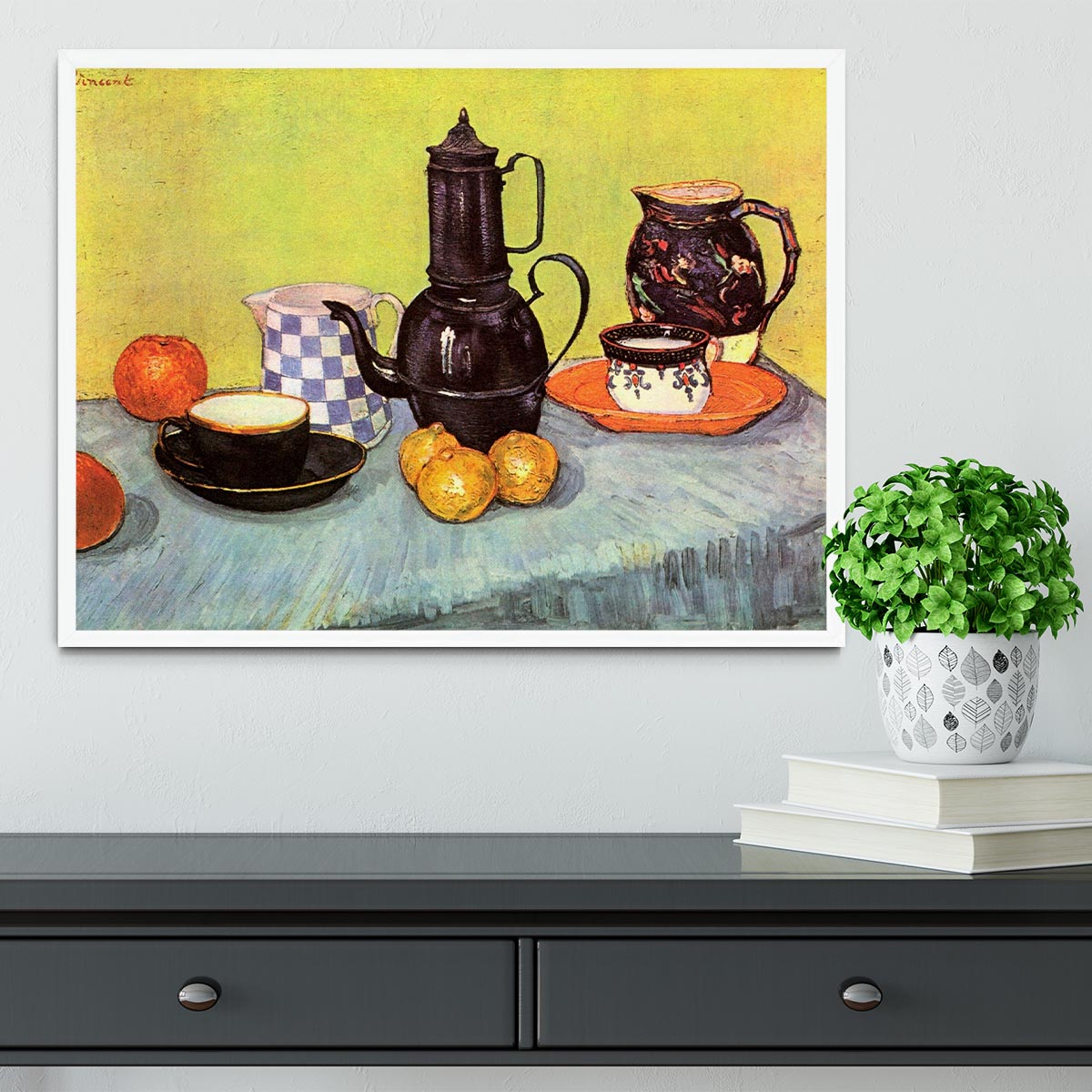 Still Life Blue Enamel Coffeepot Earthenware and Fruit by Van Gogh Framed Print - Canvas Art Rocks -6