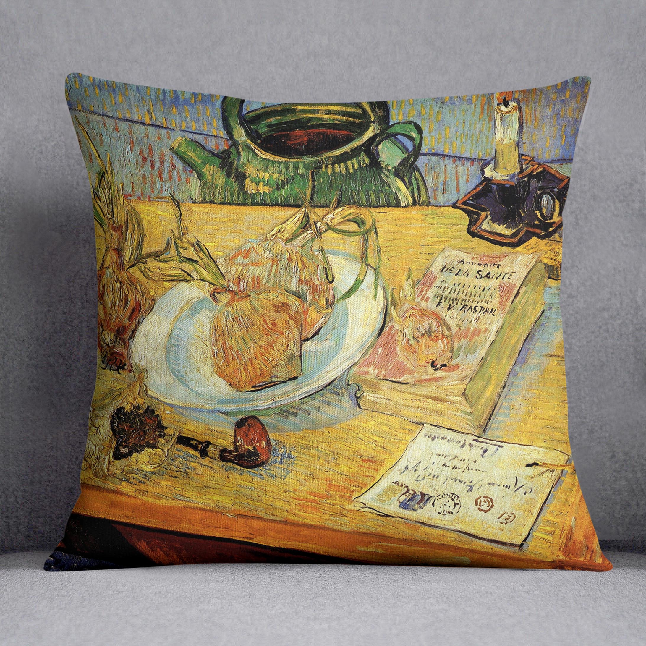 Still Life Drawing Board Pipe Onions and Sealing-Wax by Van Gogh Cushion