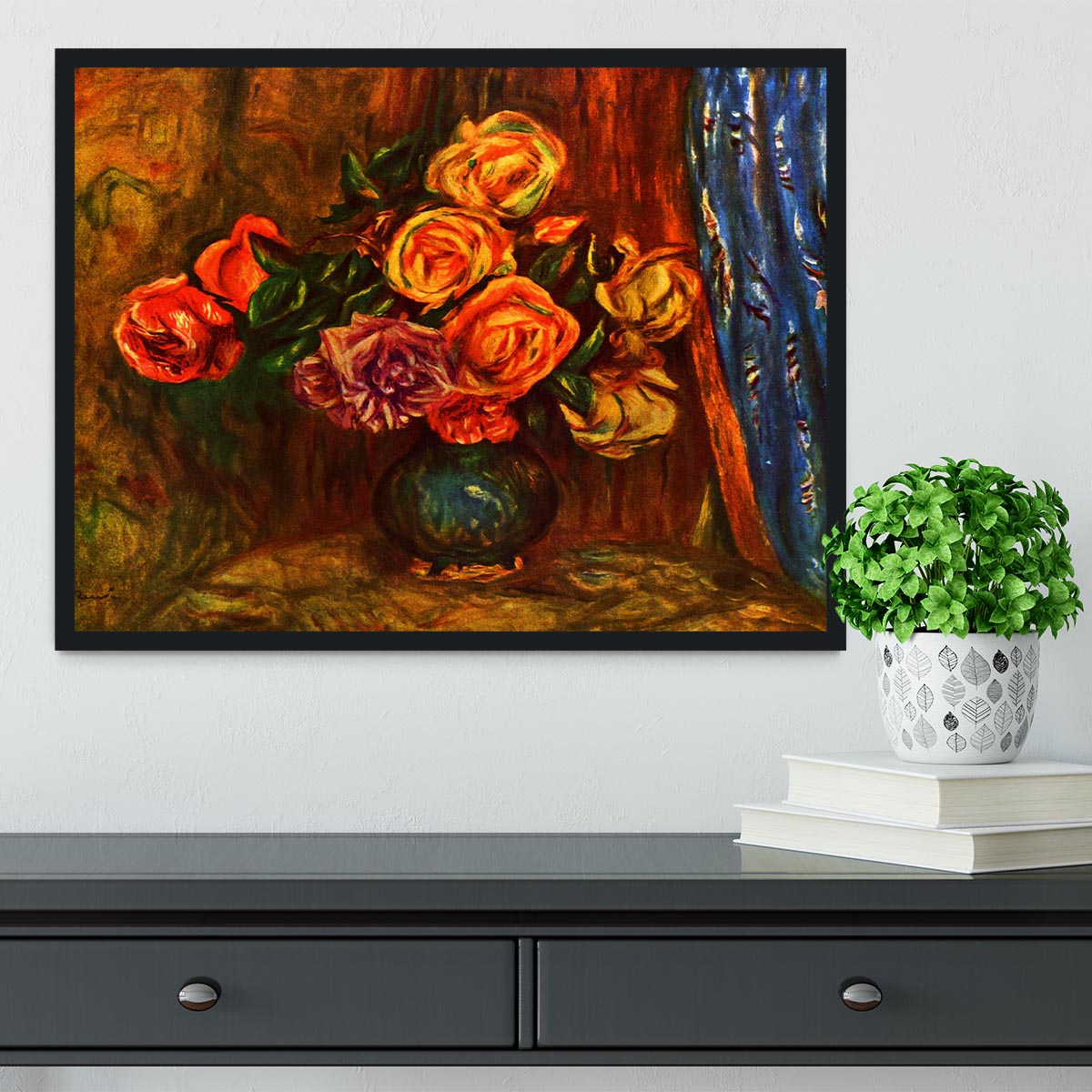 Still life roses before a blue curtain by Renoir Framed Print - Canvas Art Rocks - 2