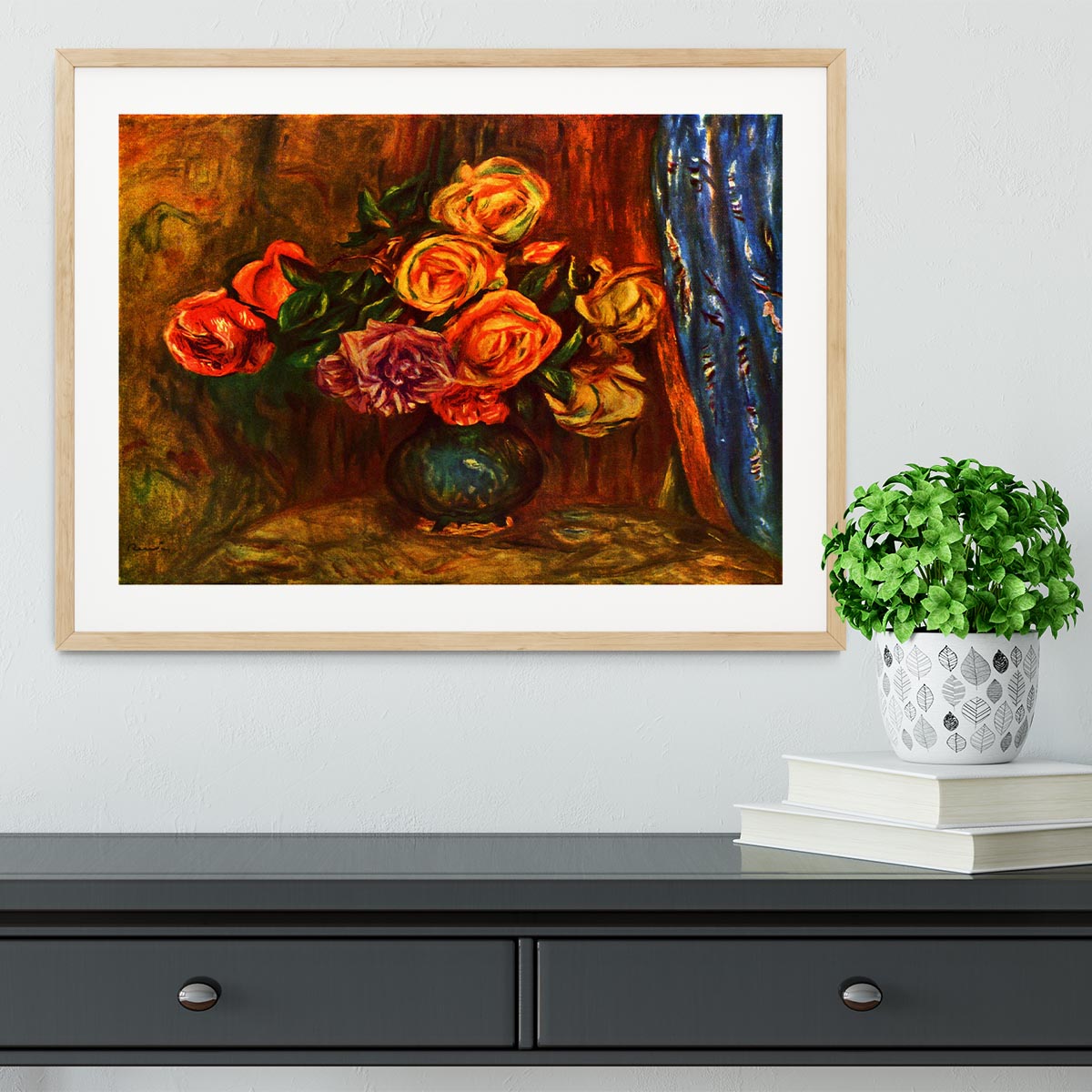Still life roses before a blue curtain by Renoir Framed Print - Canvas Art Rocks - 3