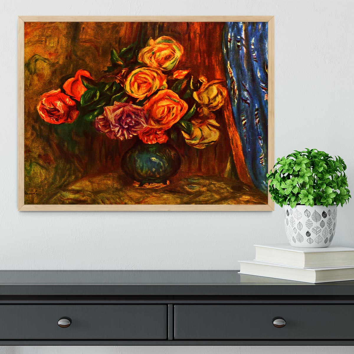 Still life roses before a blue curtain by Renoir Framed Print - Canvas Art Rocks - 4