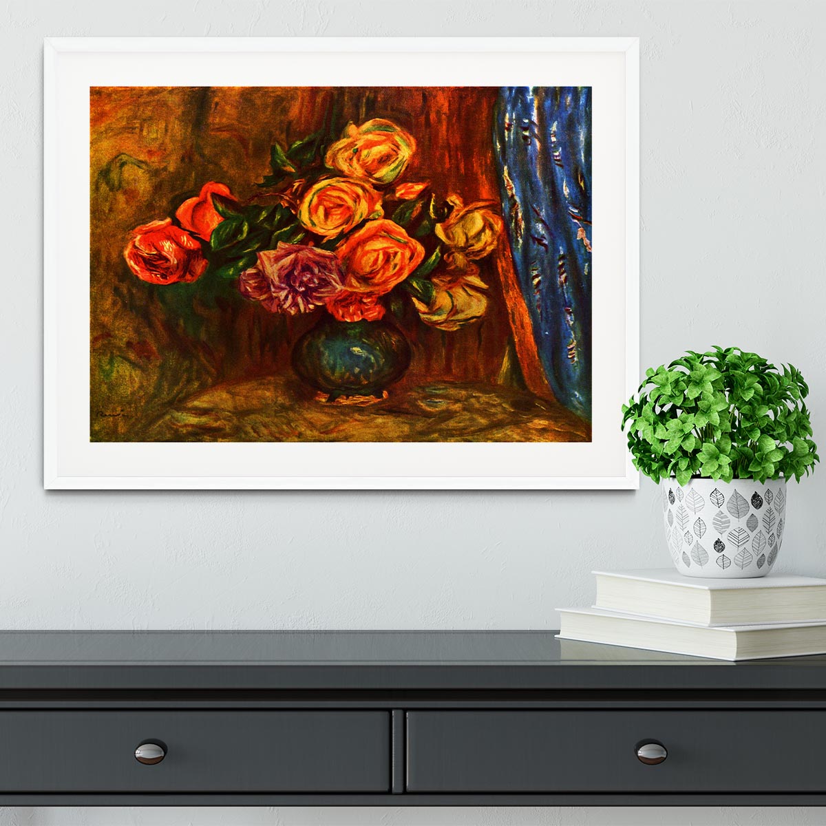 Still life roses before a blue curtain by Renoir Framed Print - Canvas Art Rocks - 5