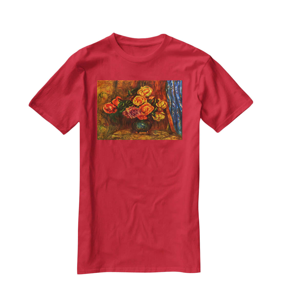 Still life roses before a blue curtain by Renoir T-Shirt - Canvas Art Rocks - 4