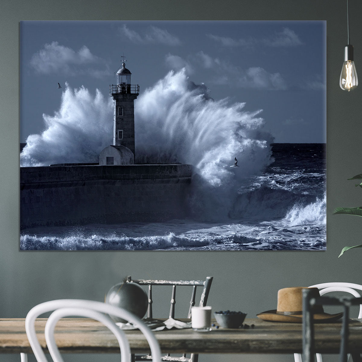 Stormy waves over old lighthouse Canvas Print or Poster - Canvas Art Rocks - 3
