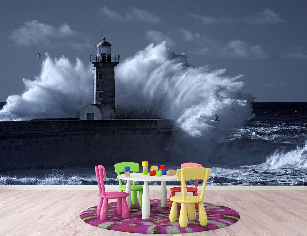 Stormy waves over old lighthouse Wall Mural Wallpaper - Canvas Art Rocks - 2