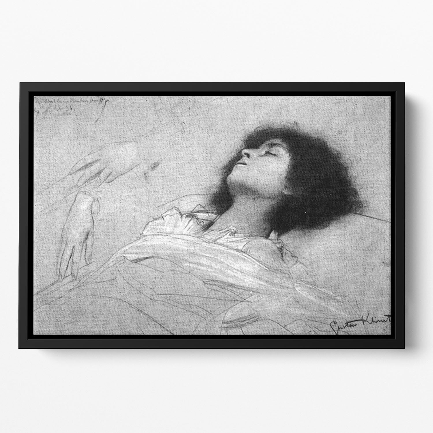 Study sheet with the upper body of a girl and sketches by Klimt Floating Framed Canvas