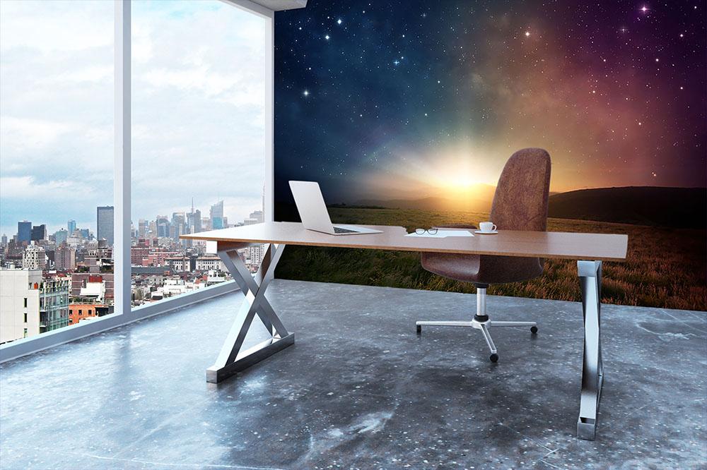 Sunrise with stars and galaxy in night Wall Mural Wallpaper - Canvas Art Rocks - 3