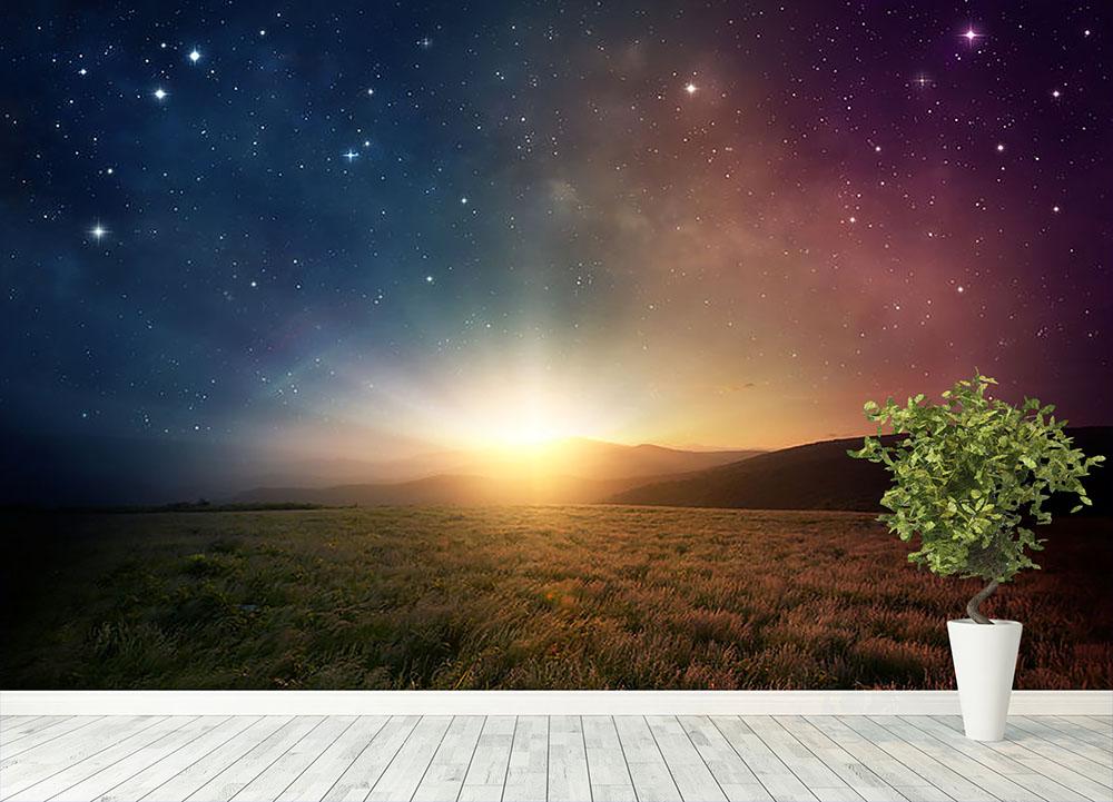 Sunrise with stars and galaxy in night Wall Mural Wallpaper - Canvas Art Rocks - 4
