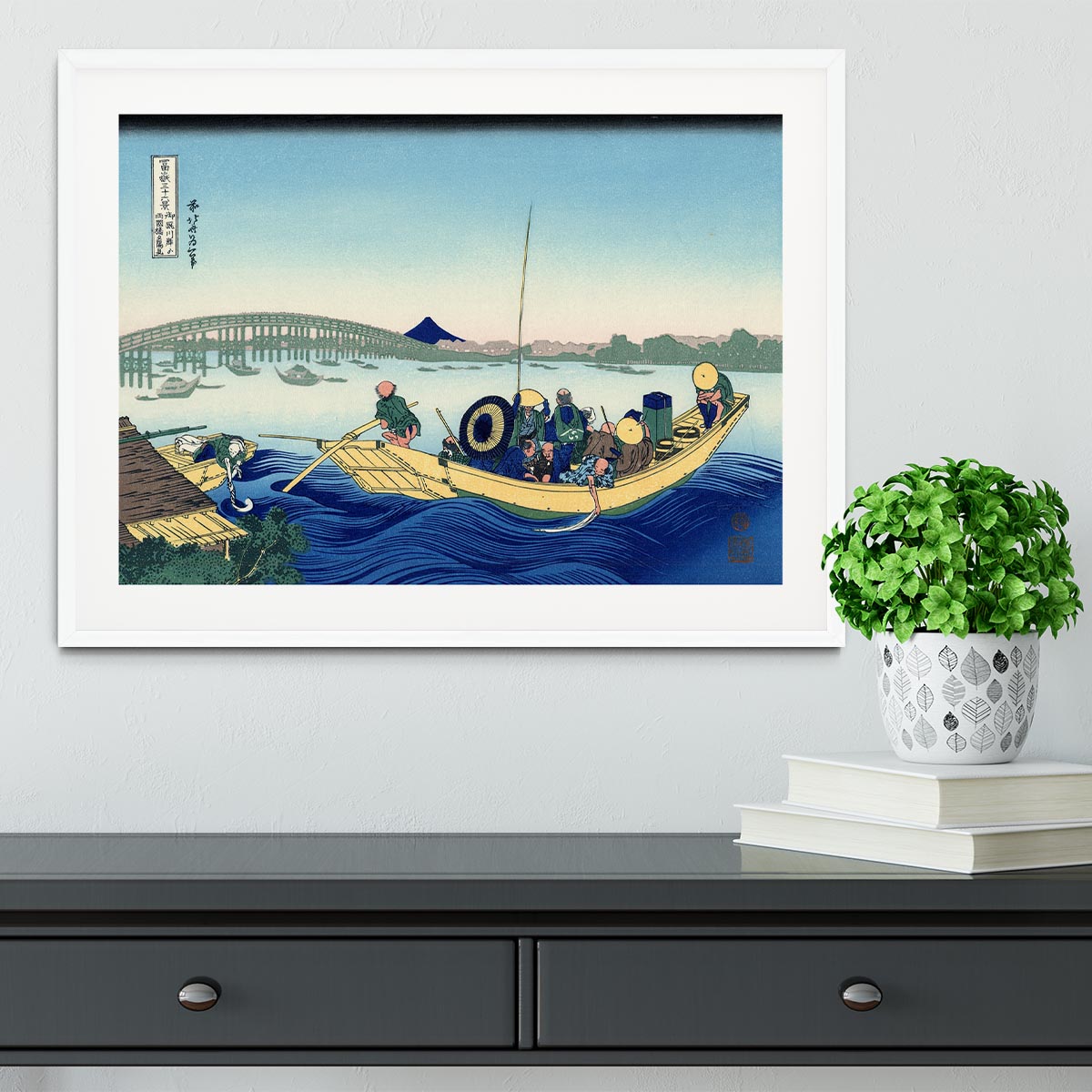 Sunset across the Ryogoku bridge by Hokusai Framed Print - Canvas Art Rocks - 5