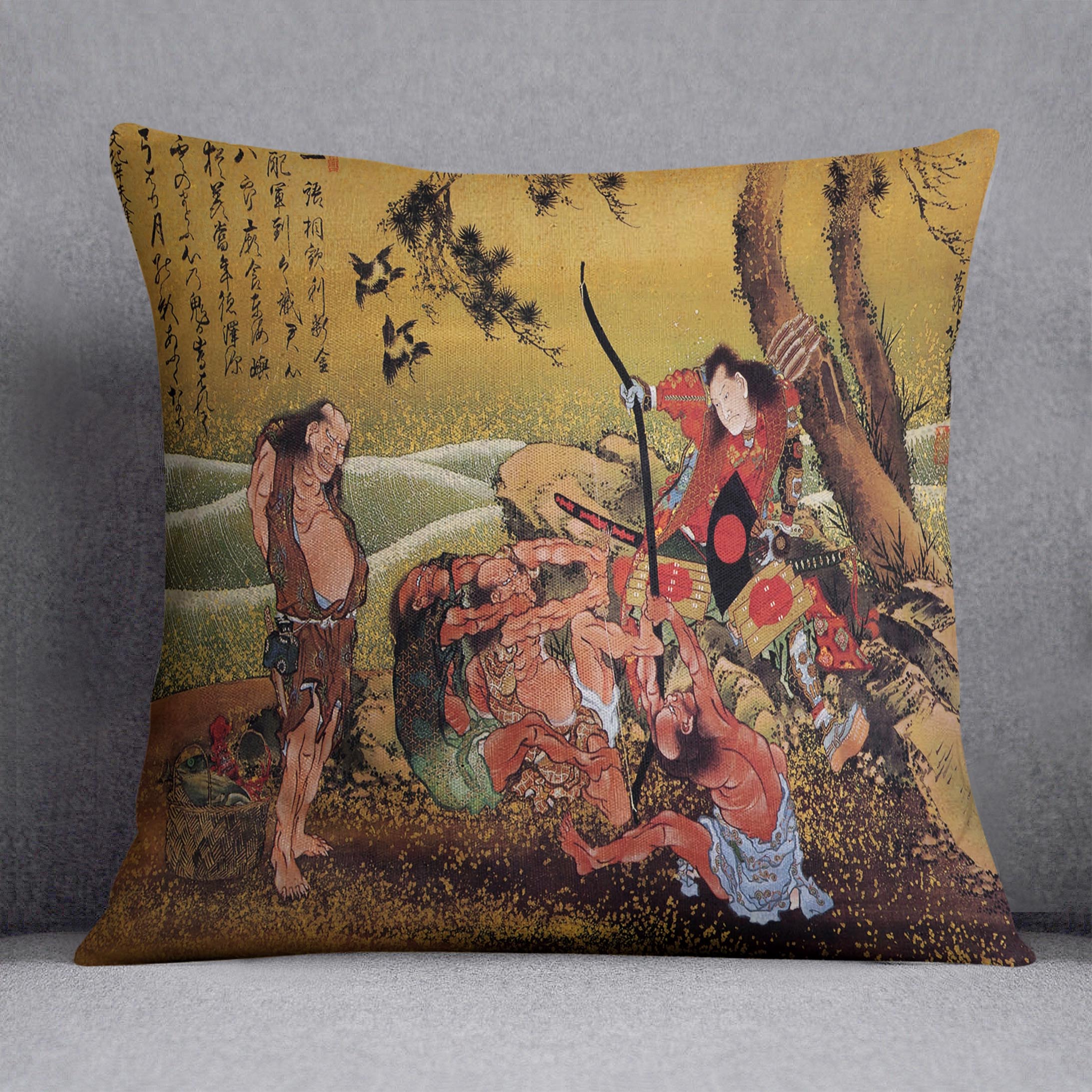 Tametomo on Demon island by Hokusai Cushion