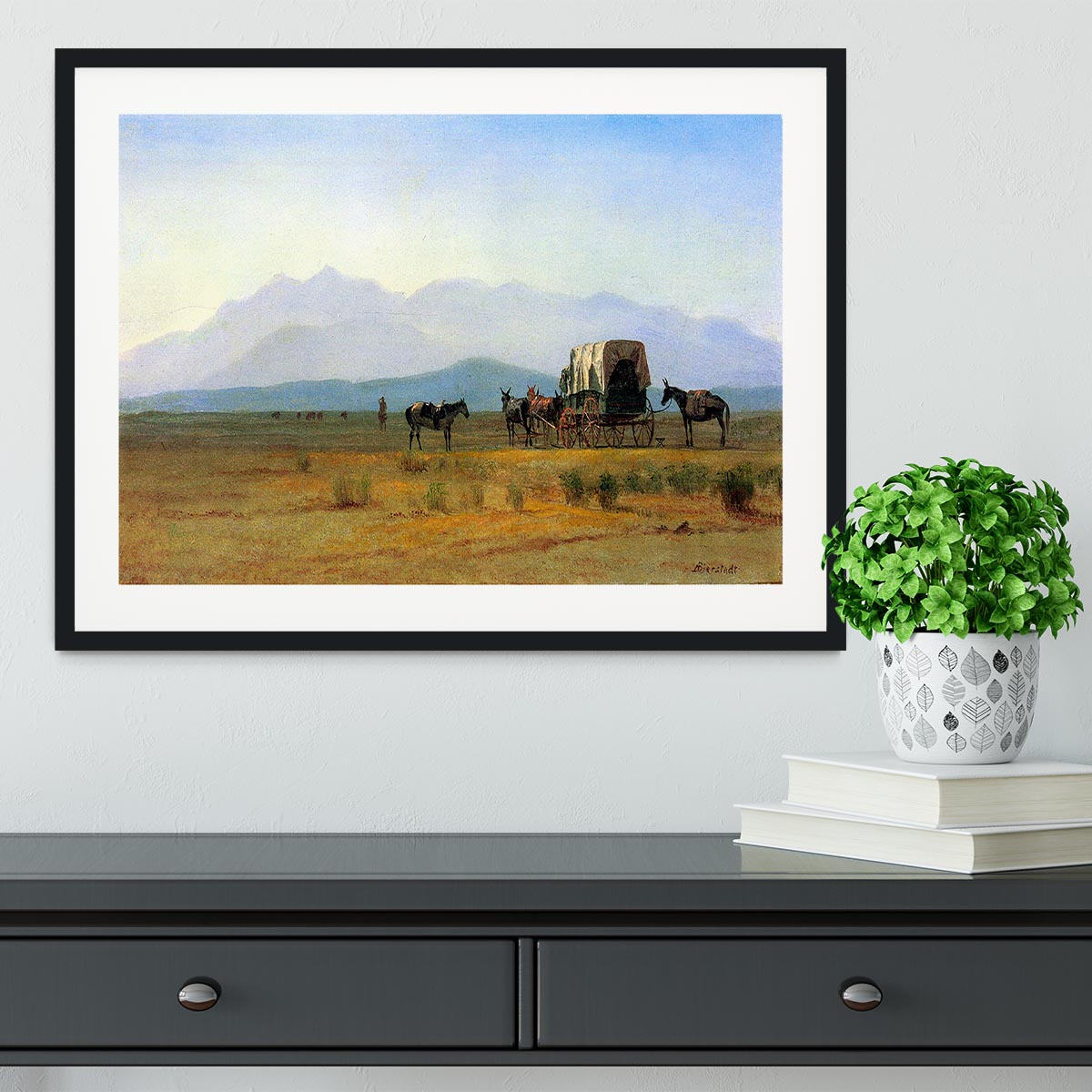 The stagecoach in the Rockies by Bierstadt Framed Print - Canvas Art Rocks - 1