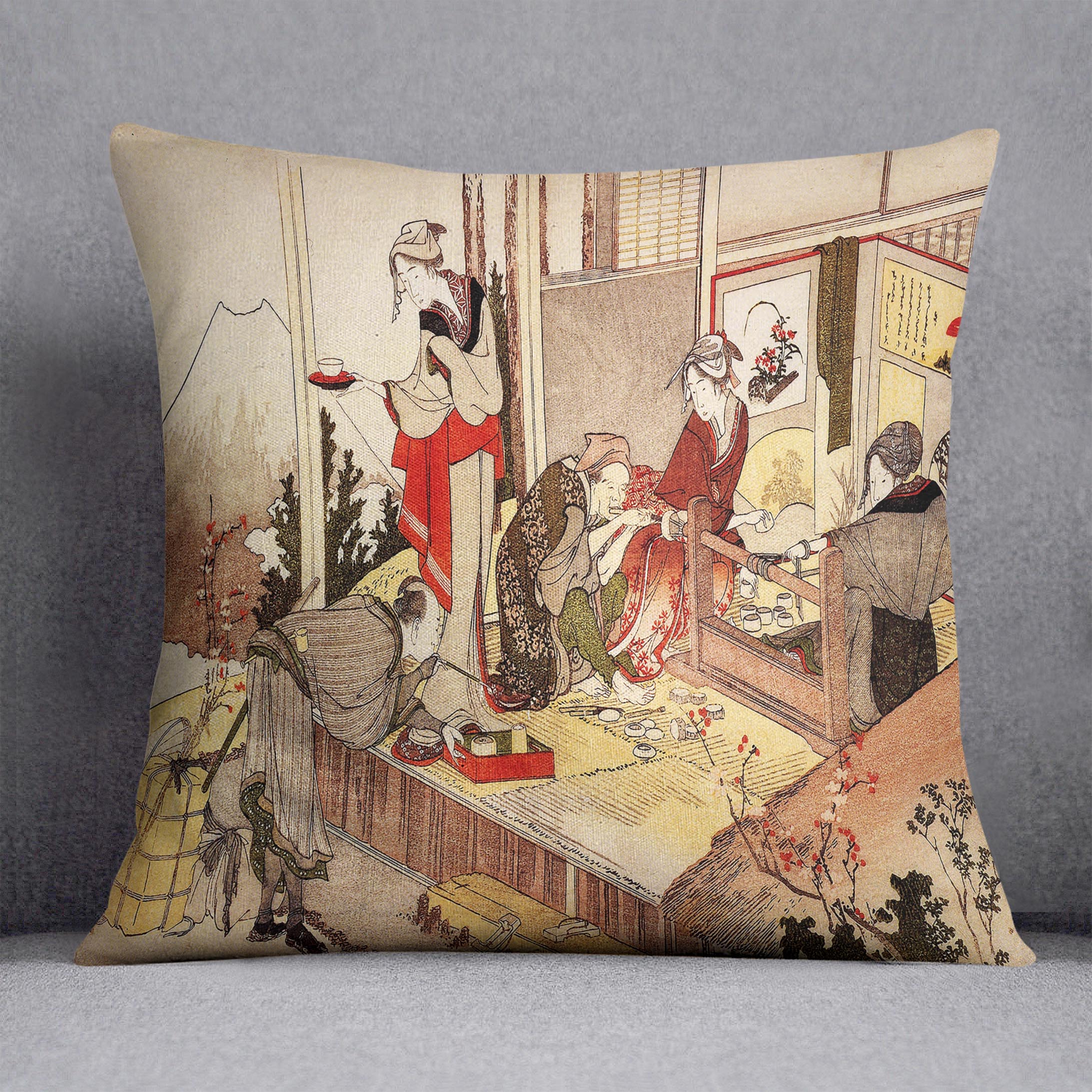 The studio of Netsuke by Hokusai Cushion