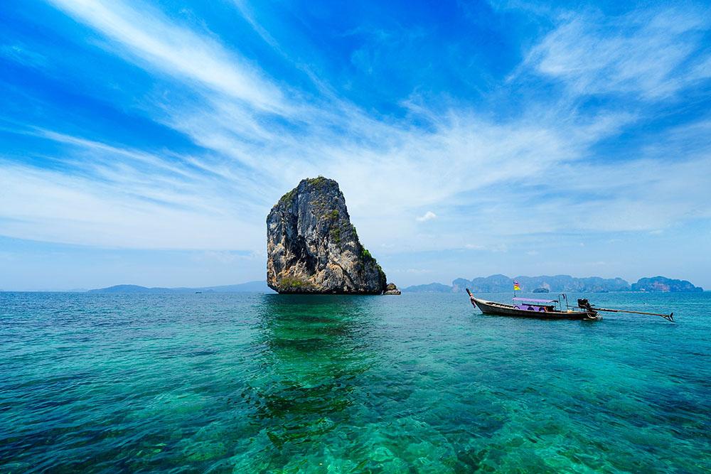 Traditional Thai boat in the blue sea Wall Mural Wallpaper - Canvas Art Rocks - 1