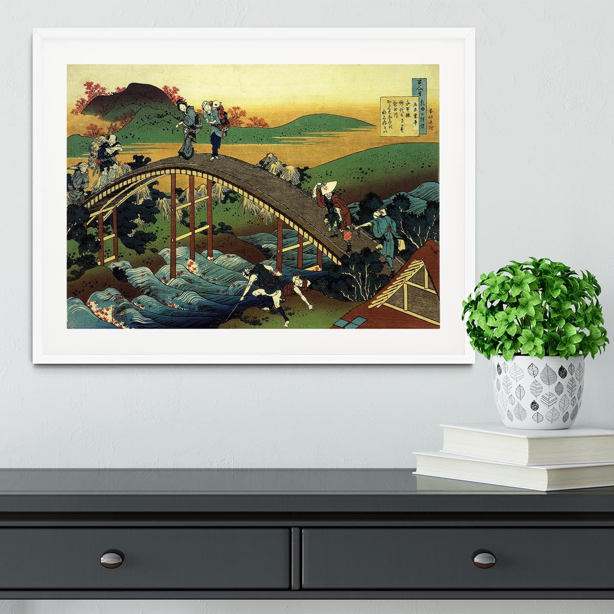 Travellers on the bridge near the waterfall of Ono by Hokusai Framed Print - Canvas Art Rocks - 5
