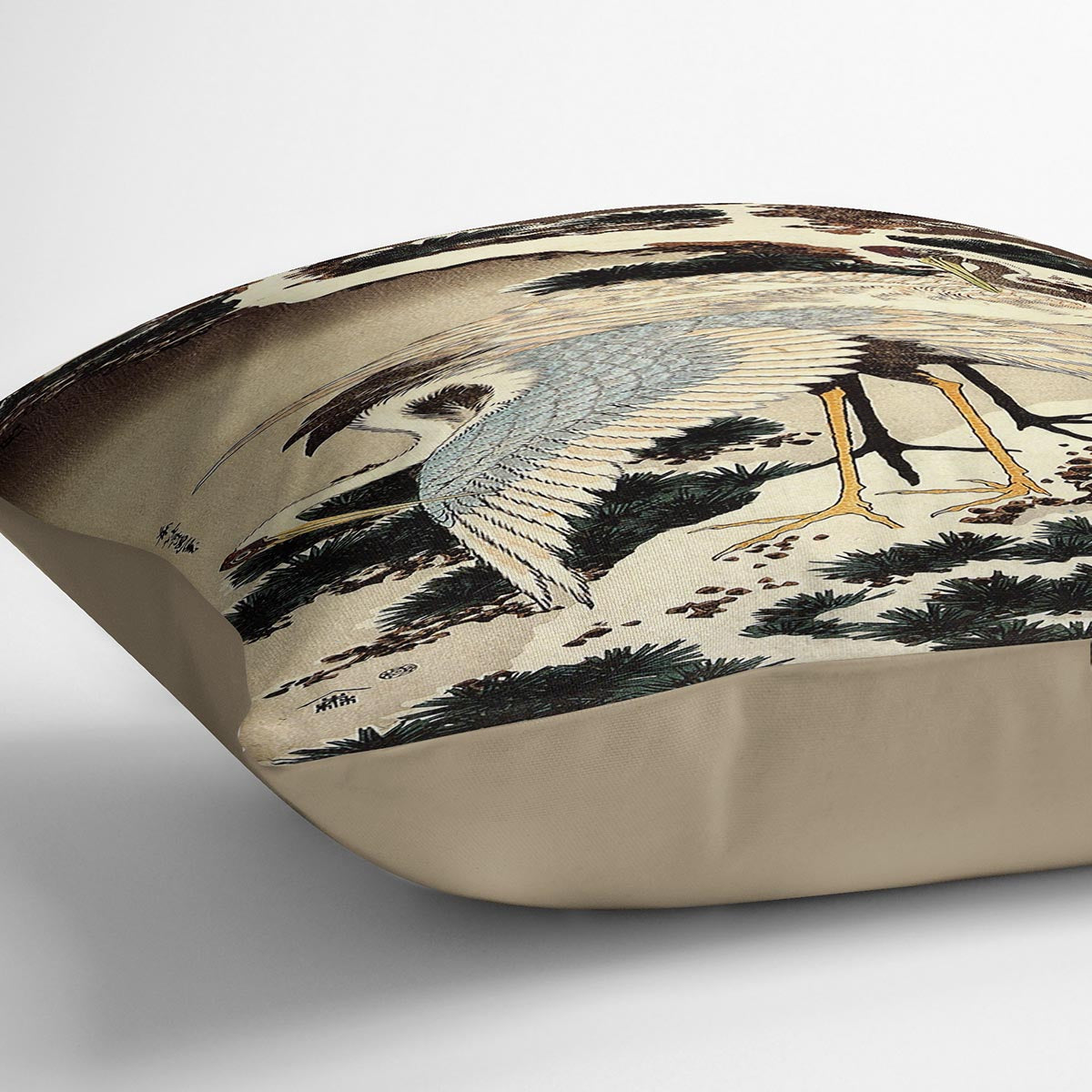 Two cranes on a pine covered with snow by Hokusai Cushion