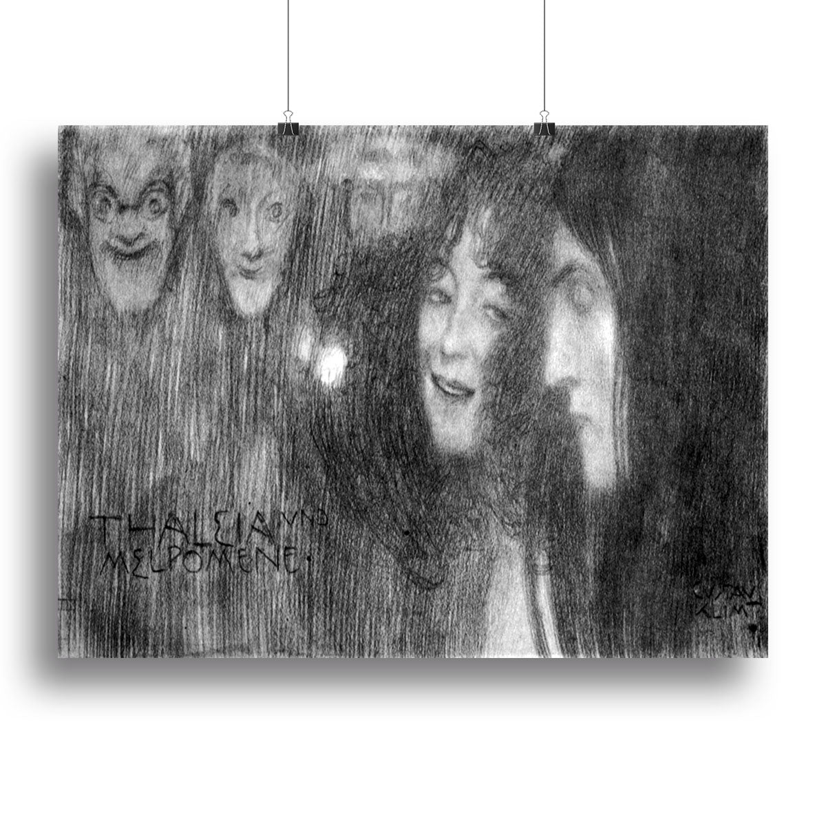 Two girls heads in profile and masks Thalia and Melpomene by Klimt Canvas Print or Poster - Canvas Art Rocks - 2