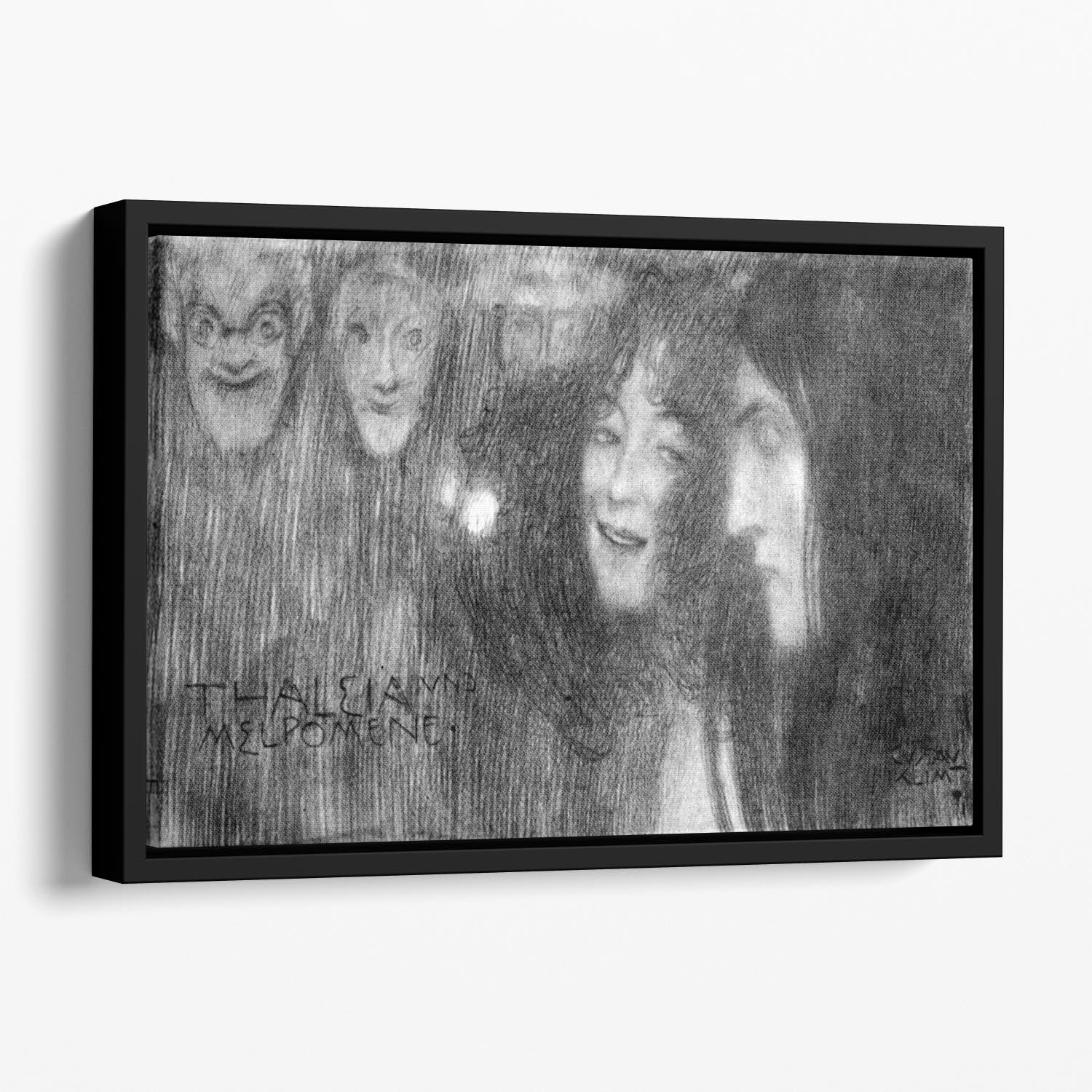 Two girls heads in profile and masks Thalia and Melpomene by Klimt Floating Framed Canvas