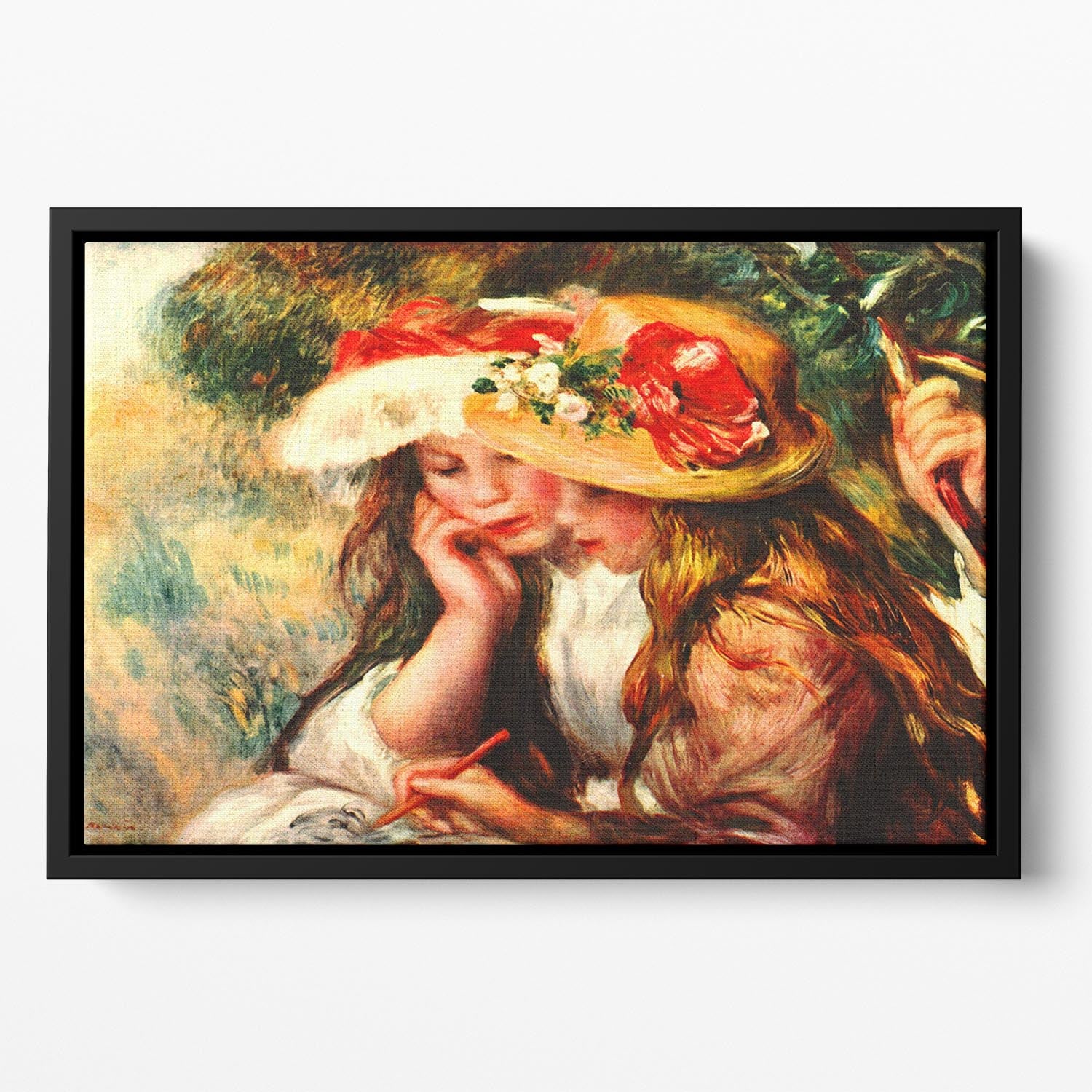 Two reading girls in a garden by Renoir Floating Framed Canvas