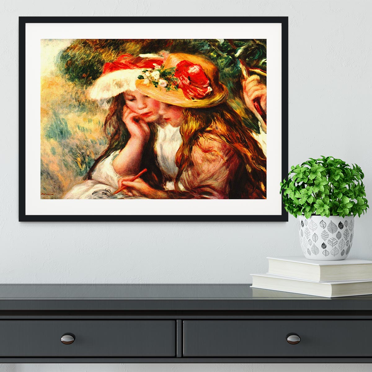 Two reading girls in a garden by Renoir Framed Print - Canvas Art Rocks - 1