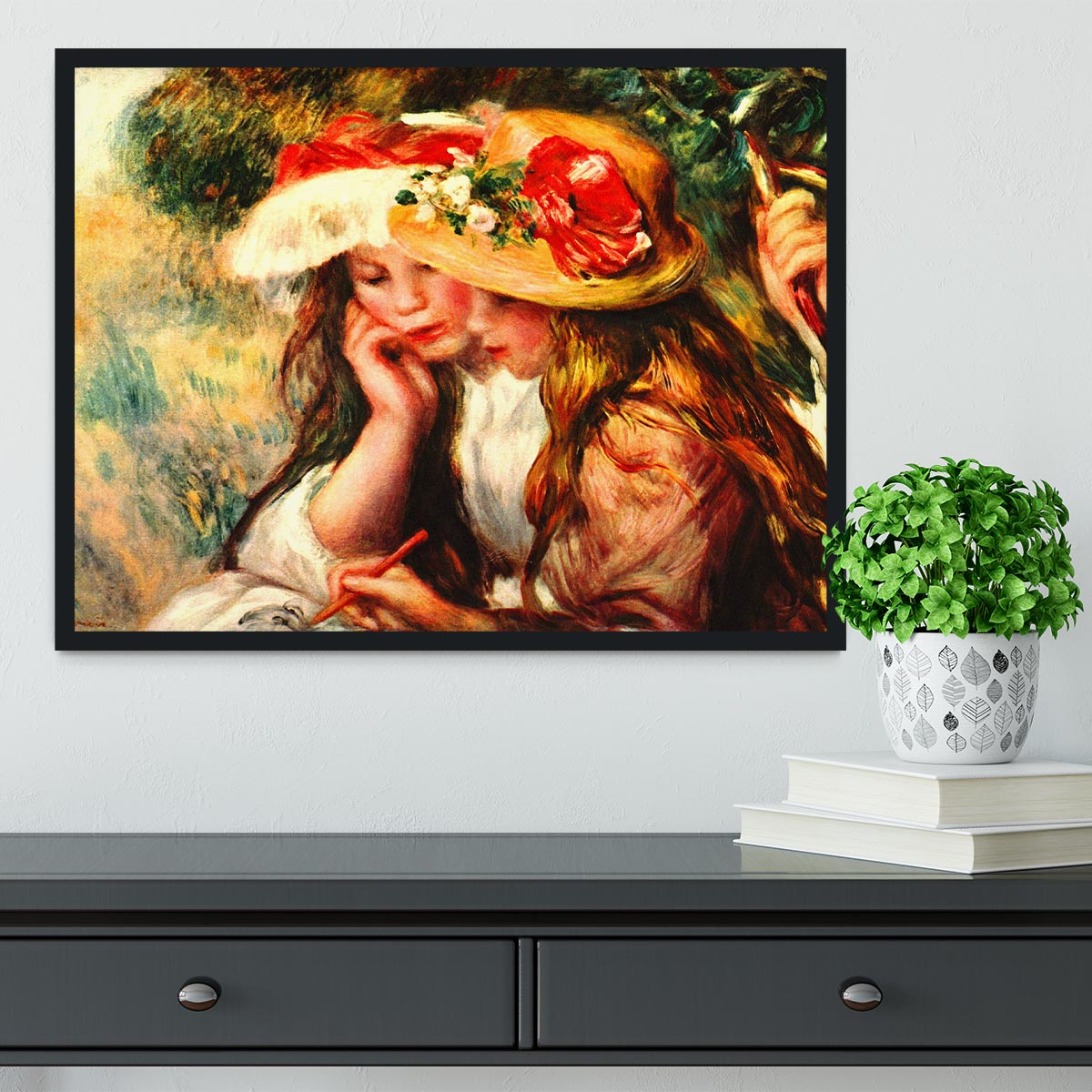 Two reading girls in a garden by Renoir Framed Print - Canvas Art Rocks - 2