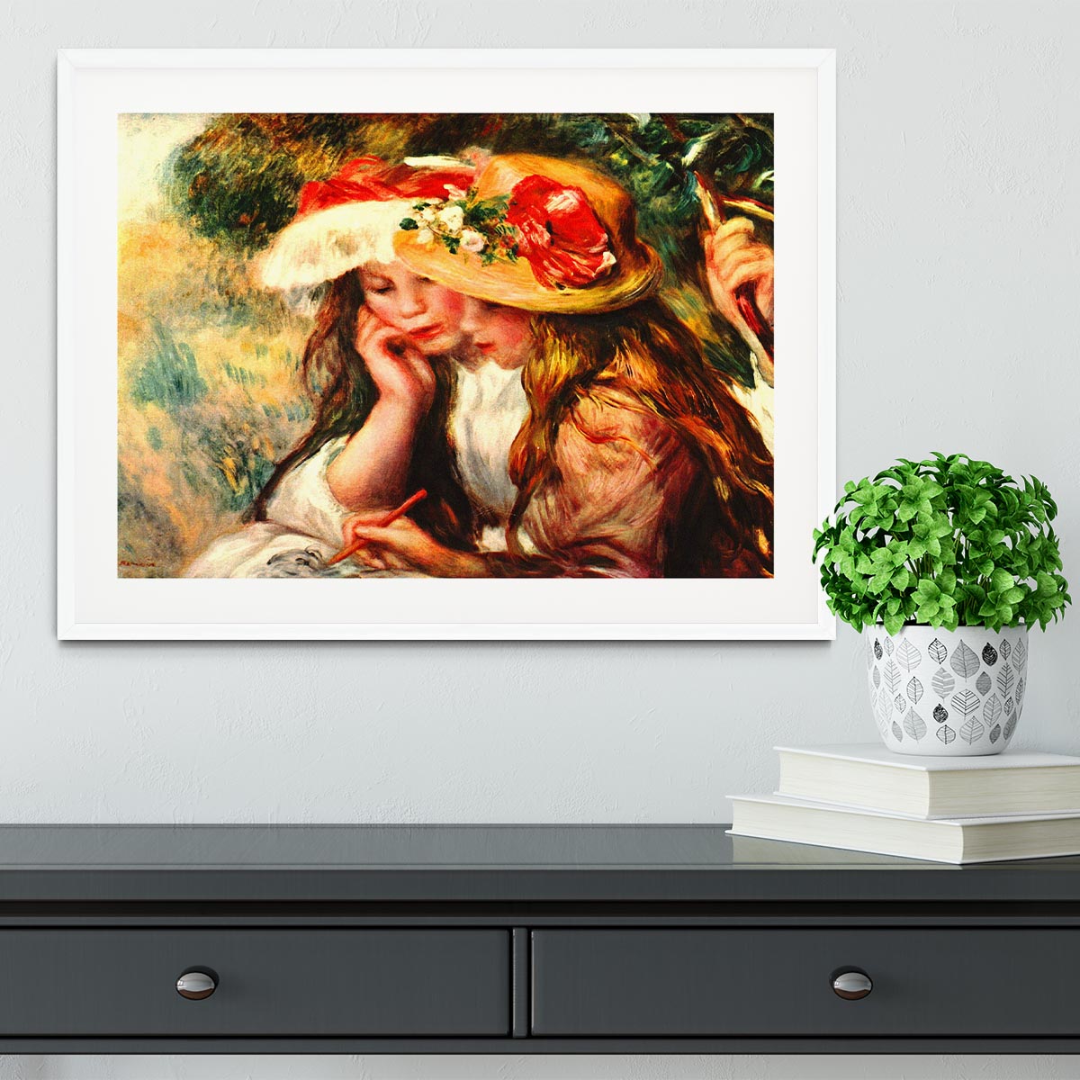 Two reading girls in a garden by Renoir Framed Print - Canvas Art Rocks - 5