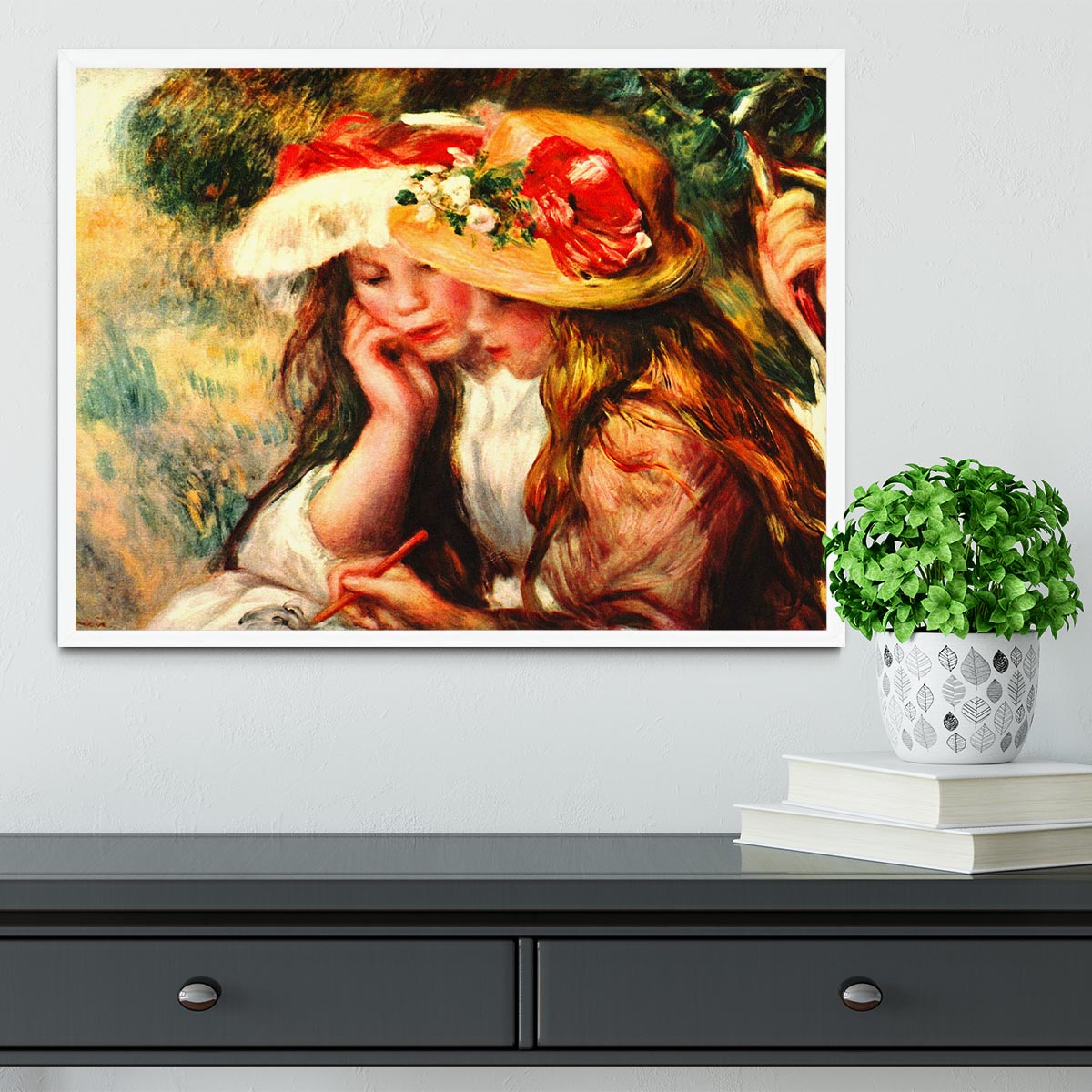 Two reading girls in a garden by Renoir Framed Print - Canvas Art Rocks -6