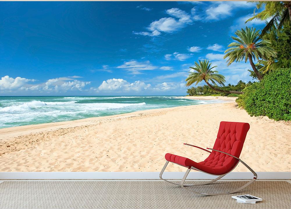 Untouched sandy beach with palms trees Wall Mural Wallpaper - Canvas Art Rocks - 2