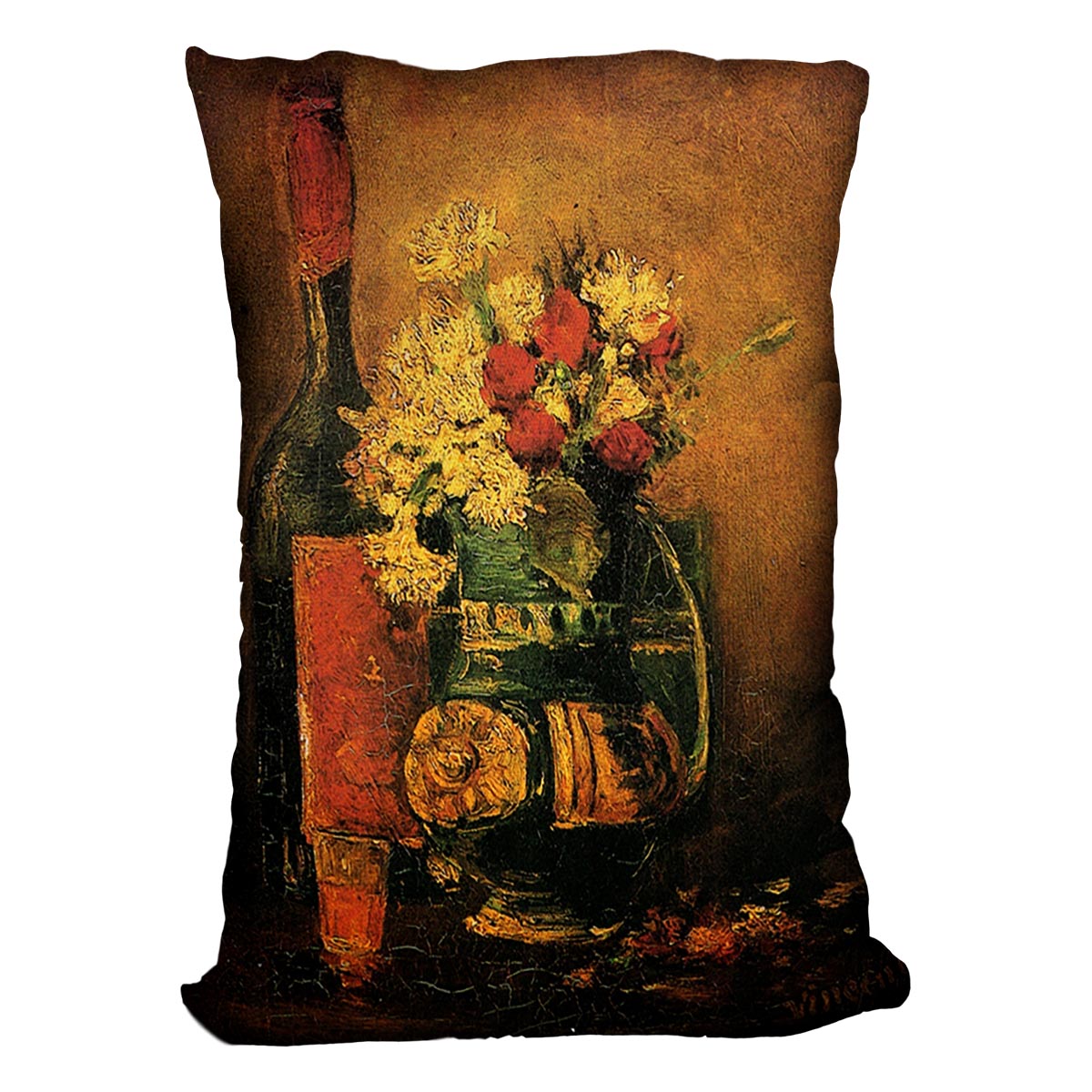 Vase with Carnations and Roses and a Bottle by Van Gogh Cushion
