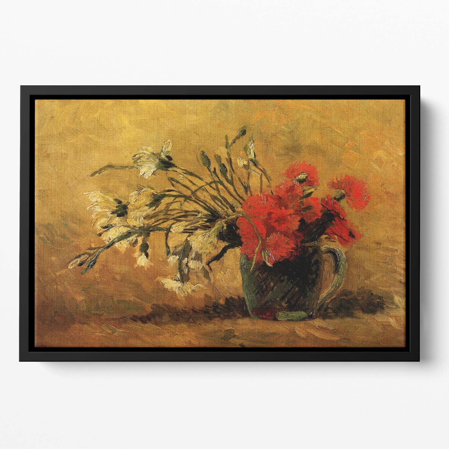 Vase with Red and White Carnations on Yellow Background by Van Gogh Floating Framed Canvas
